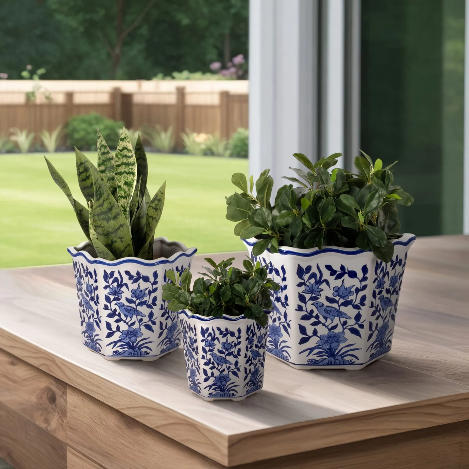 S/3 8/10/12" Chinoiserie Bird Planters, Blue/white - Image 8