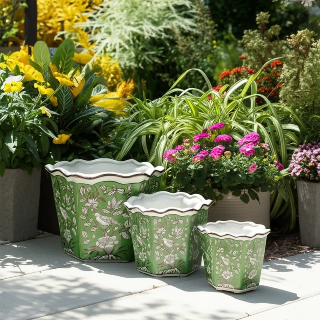 S/3 8/10/12" Chinoiserie Bird Planters, Green/whit - Image 10