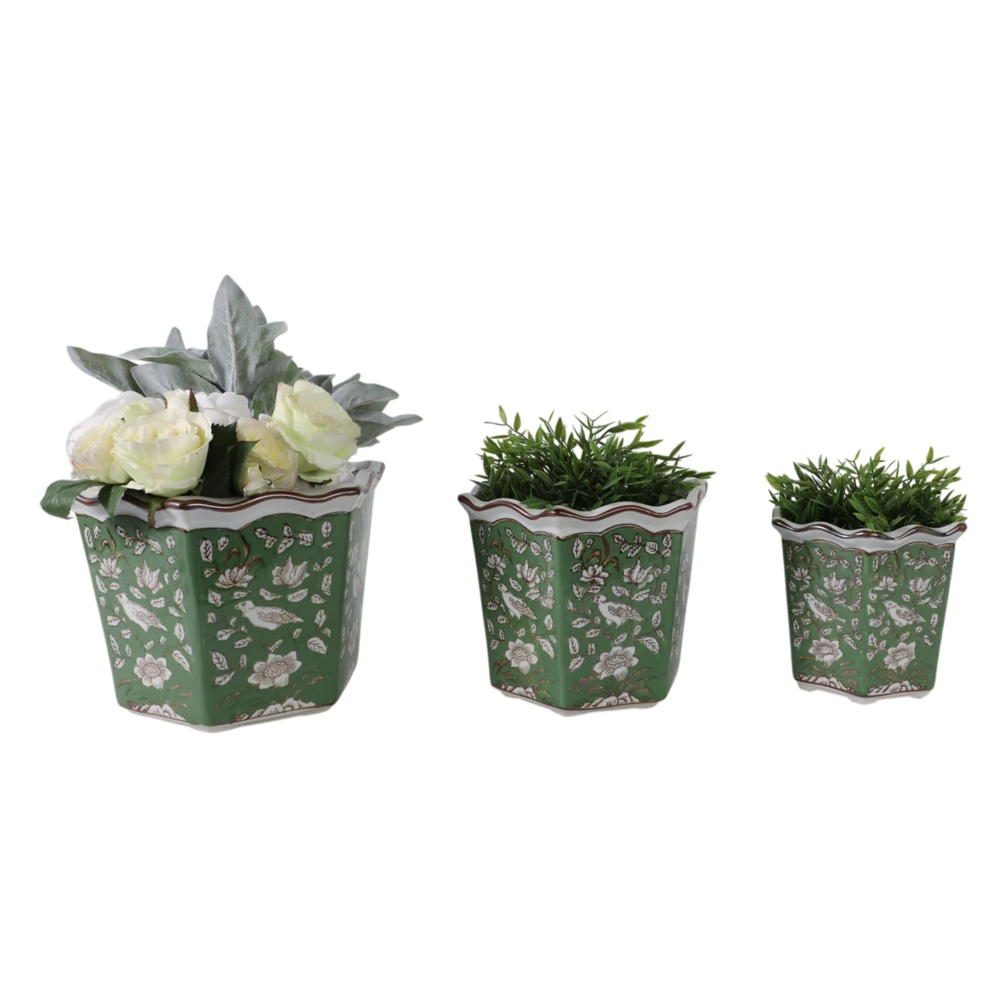 S/3 8/10/12" Chinoiserie Bird Planters, Green/whit - Image 2