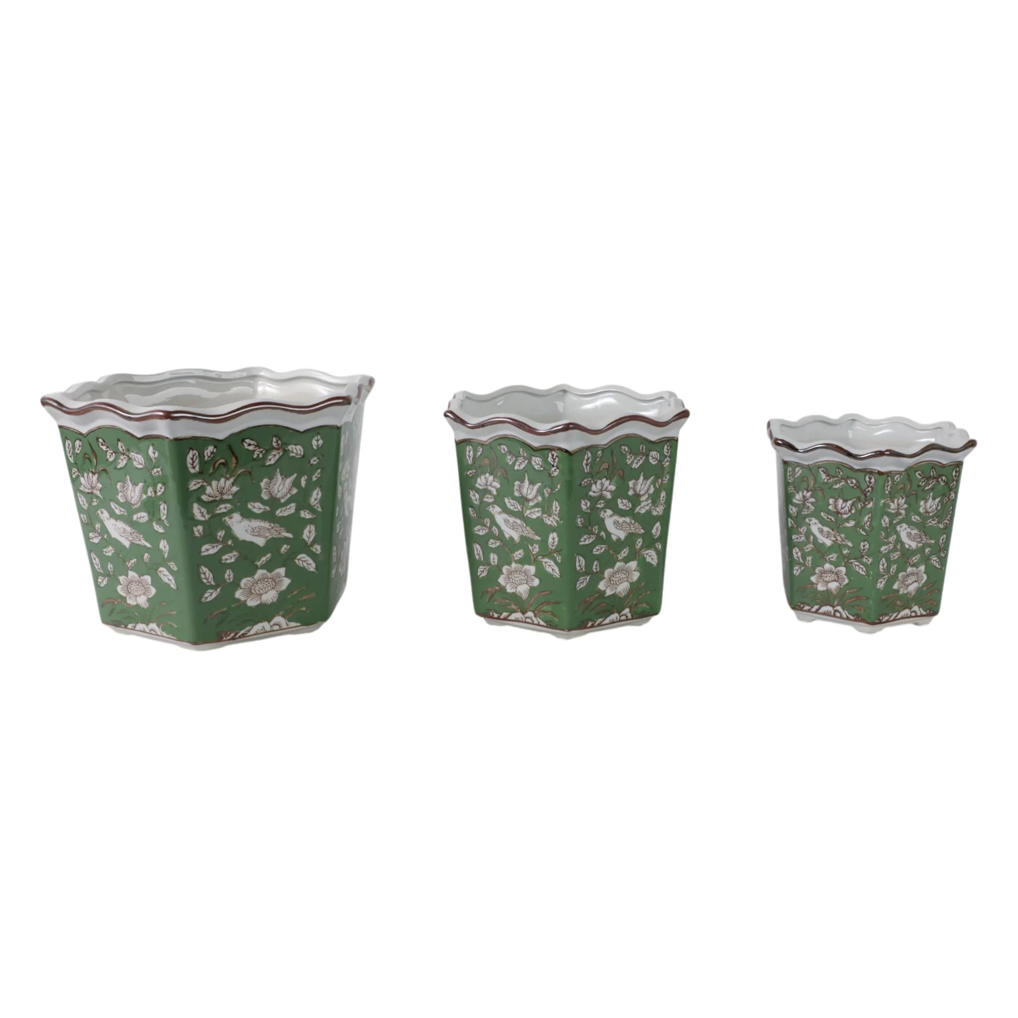 S/3 8/10/12" Chinoiserie Bird Planters, Green/whit - Image 3