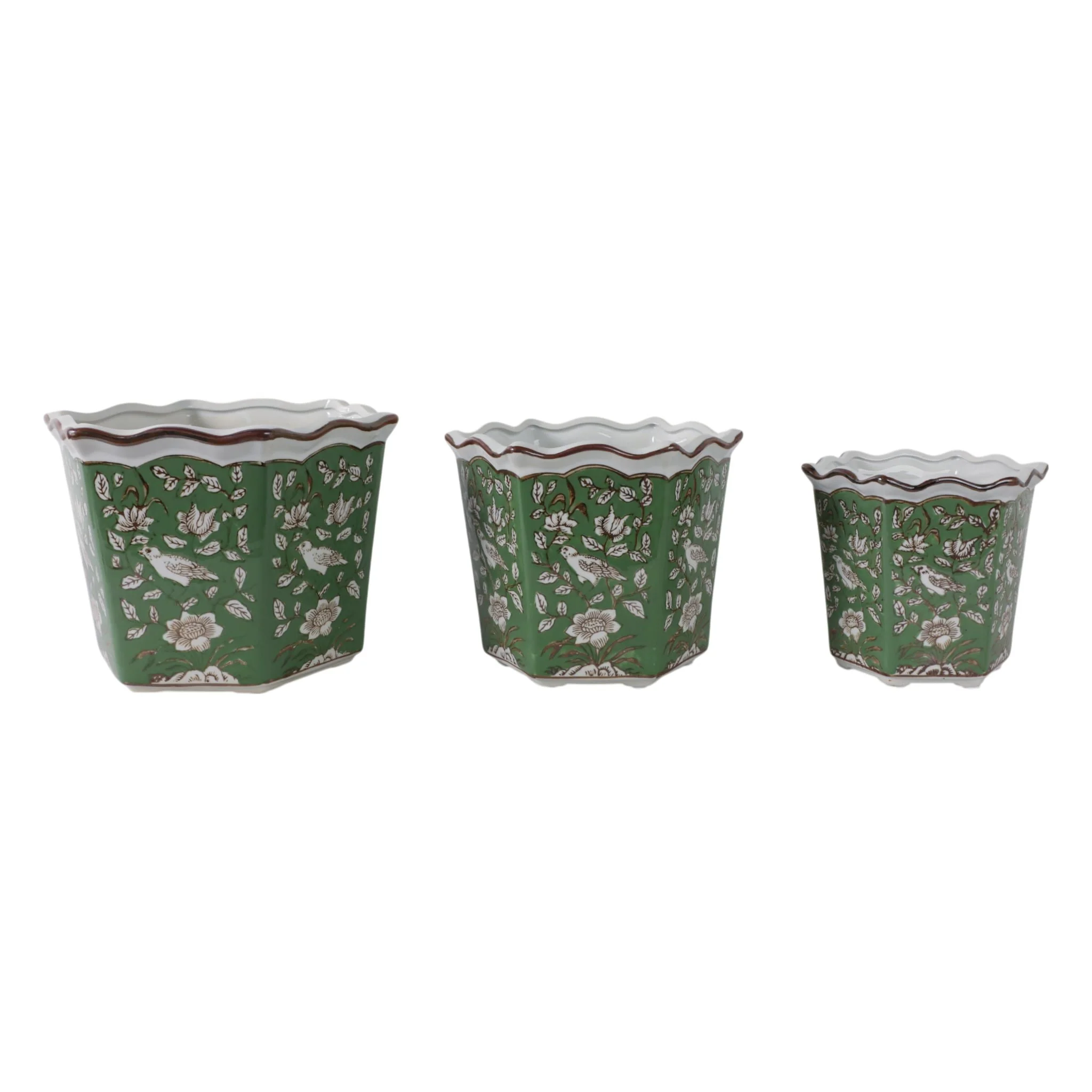 S/3 8/10/12" Chinoiserie Bird Planters, Green/whit - Image 4