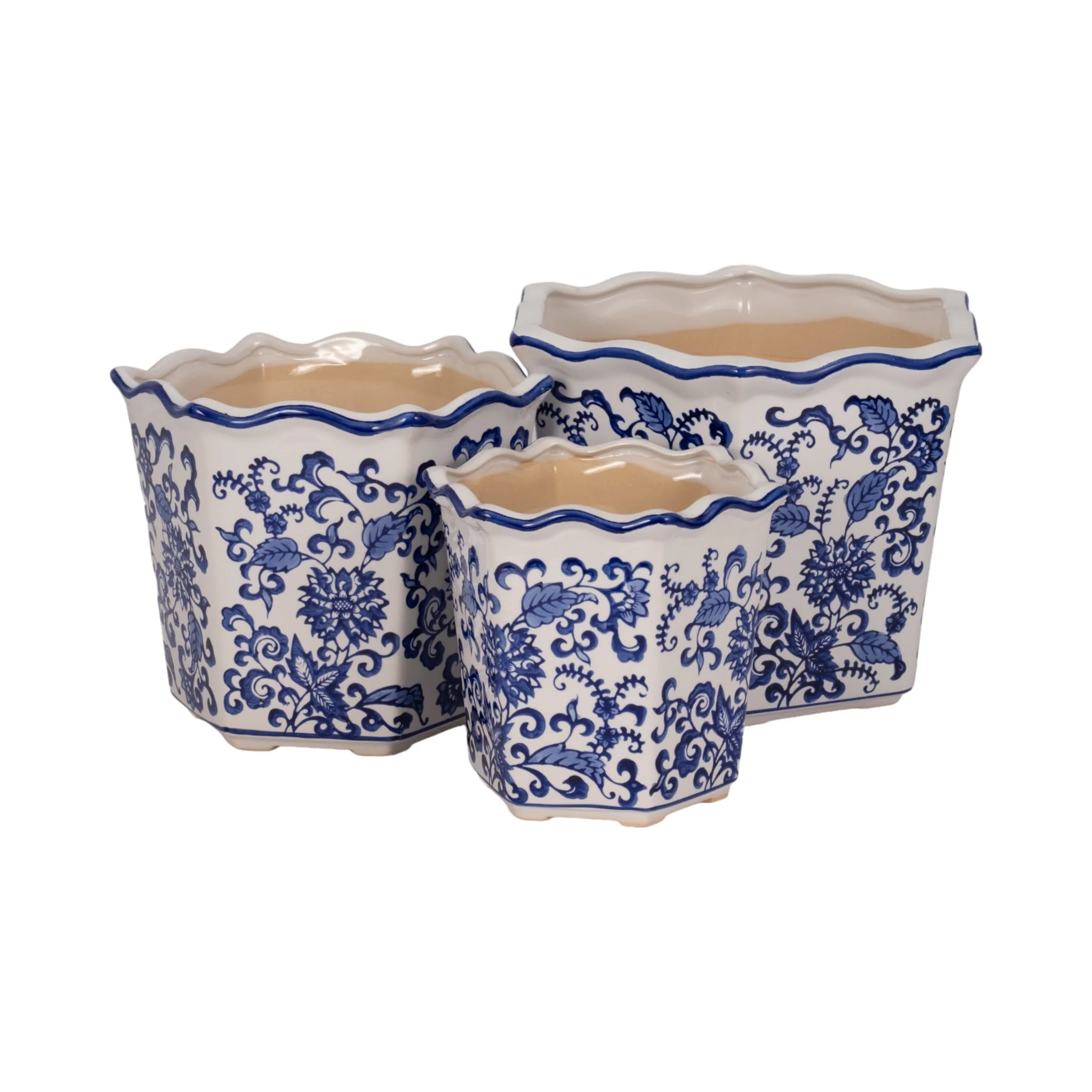 S/3 8/10/12" Chinoiserie Dahlia Planters, Blue/whi - Image 3