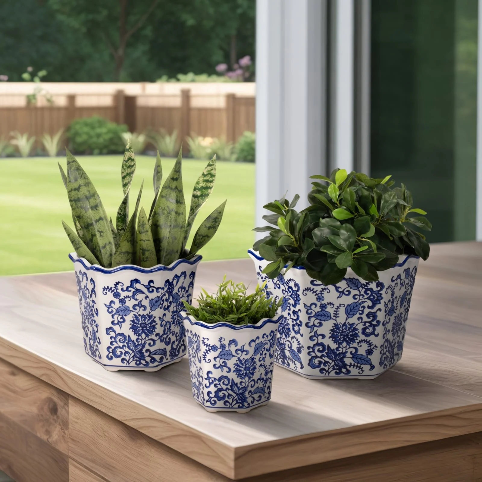 S/3 8/10/12" Chinoiserie Dahlia Planters, Blue/whi - Image 8