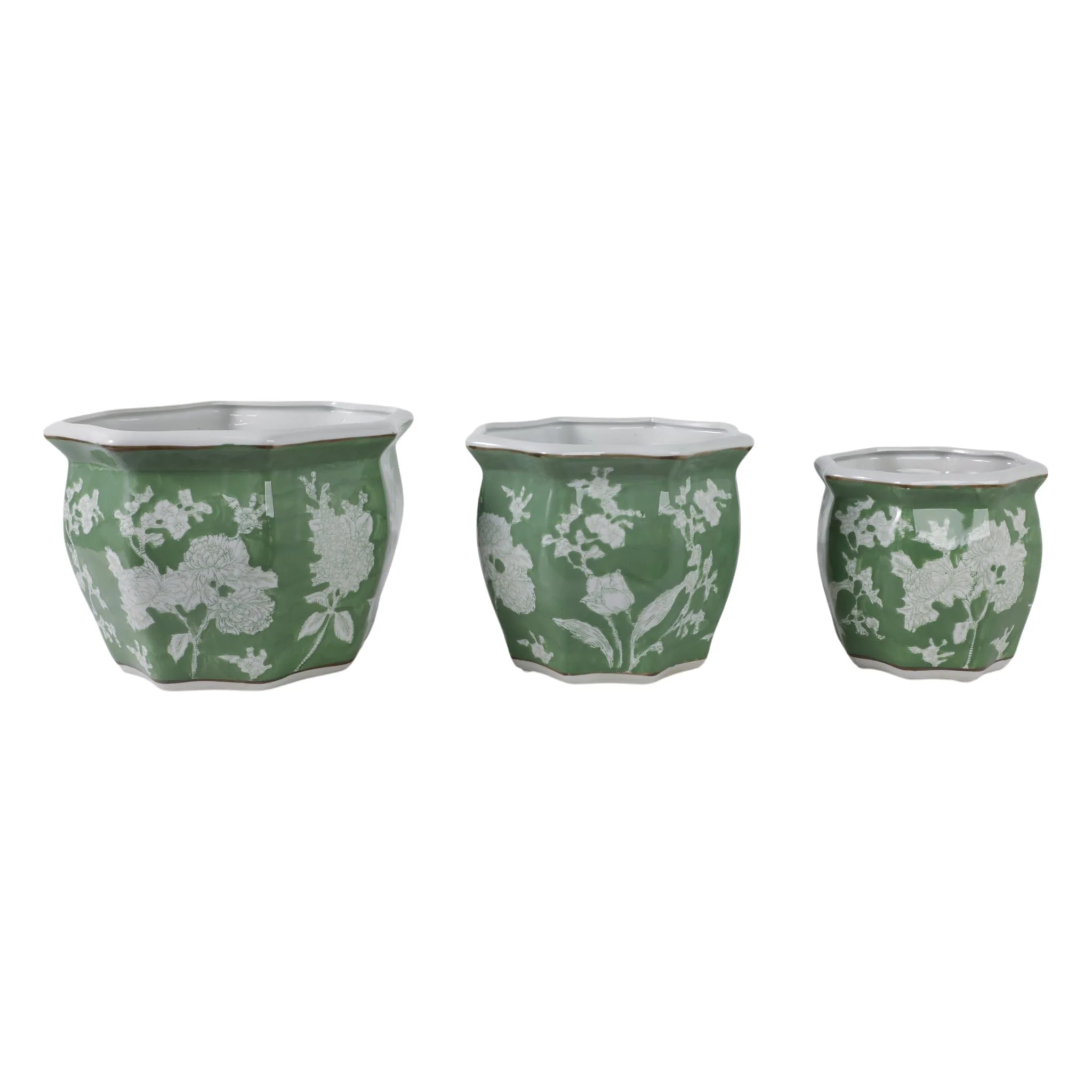 S/3 8/10/12"green/wht Floral Planters - Image 3