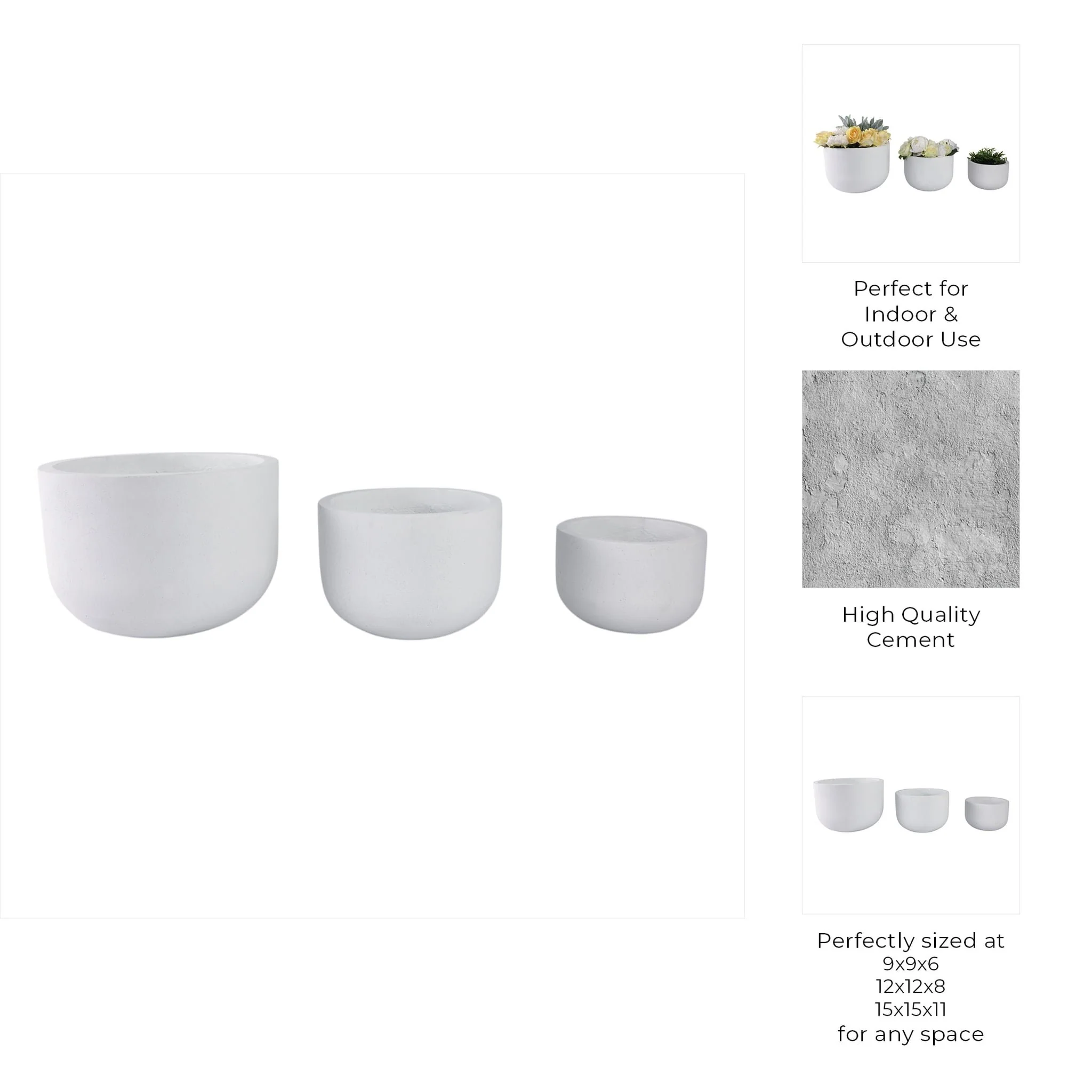 S/3 9/12/15" Rounded Cement Planters, White - Image 9