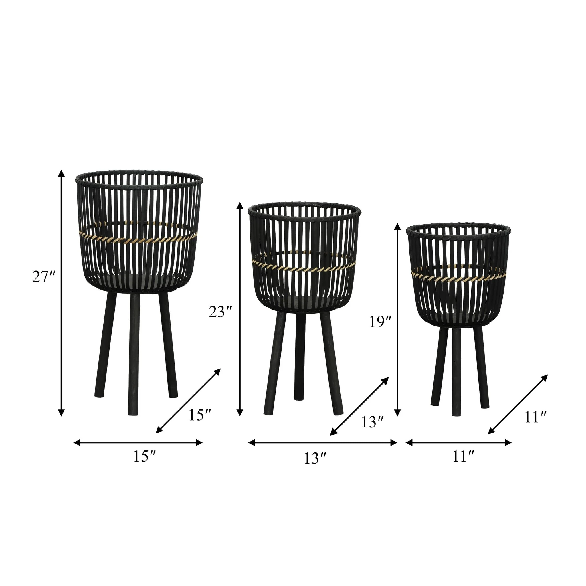 S/3 Bamboo Footed Planters 11/13/15", Black - Image 5