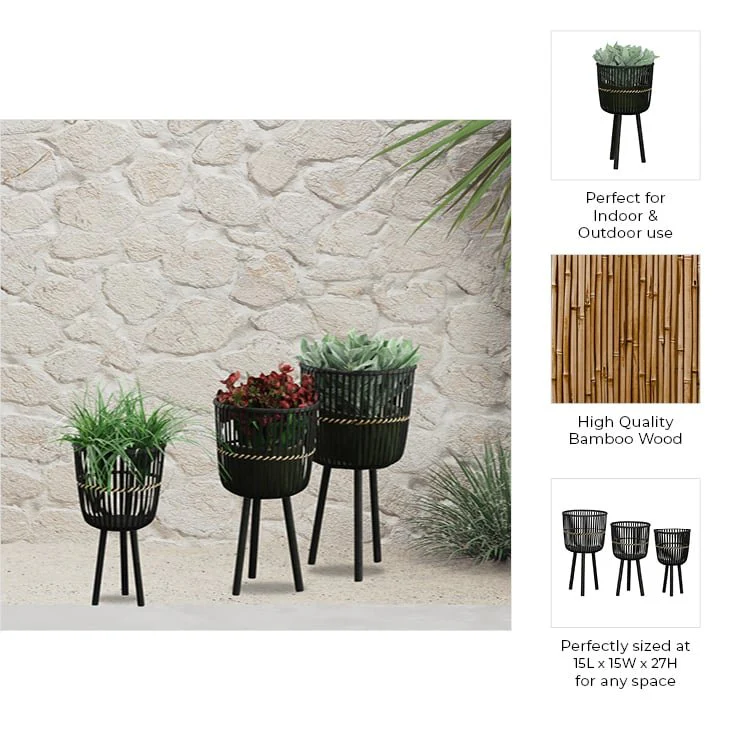 S/3 Bamboo Footed Planters 11/13/15", Black - Image 6