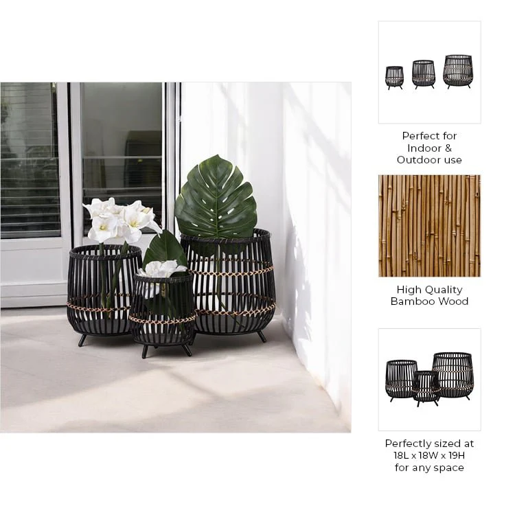 S/3 Bamboo Footed Planters 17/14/10", Black - Image 6