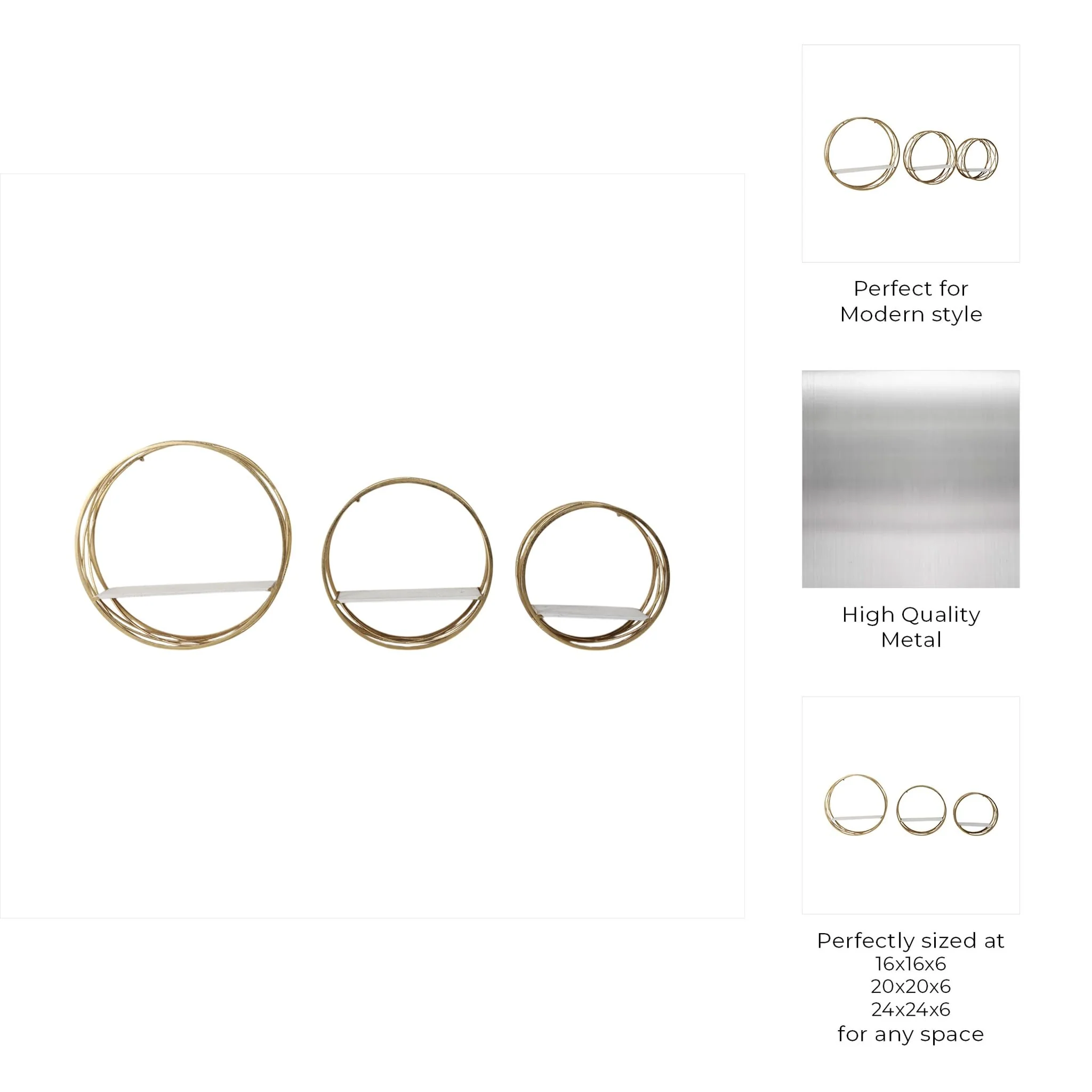 S/3 Metal Round Wall Shelves,white/gold - Image 7