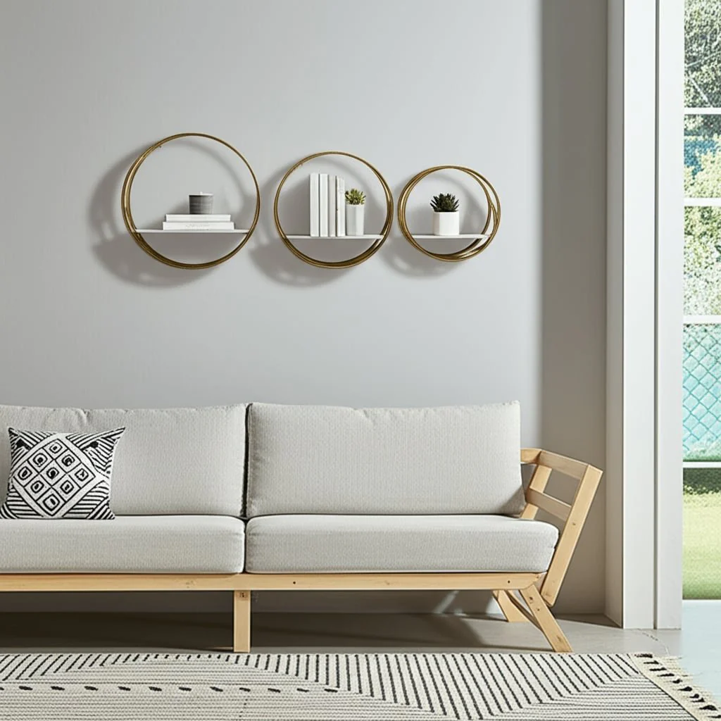 S/3 Metal Round Wall Shelves,white/gold - Image 9