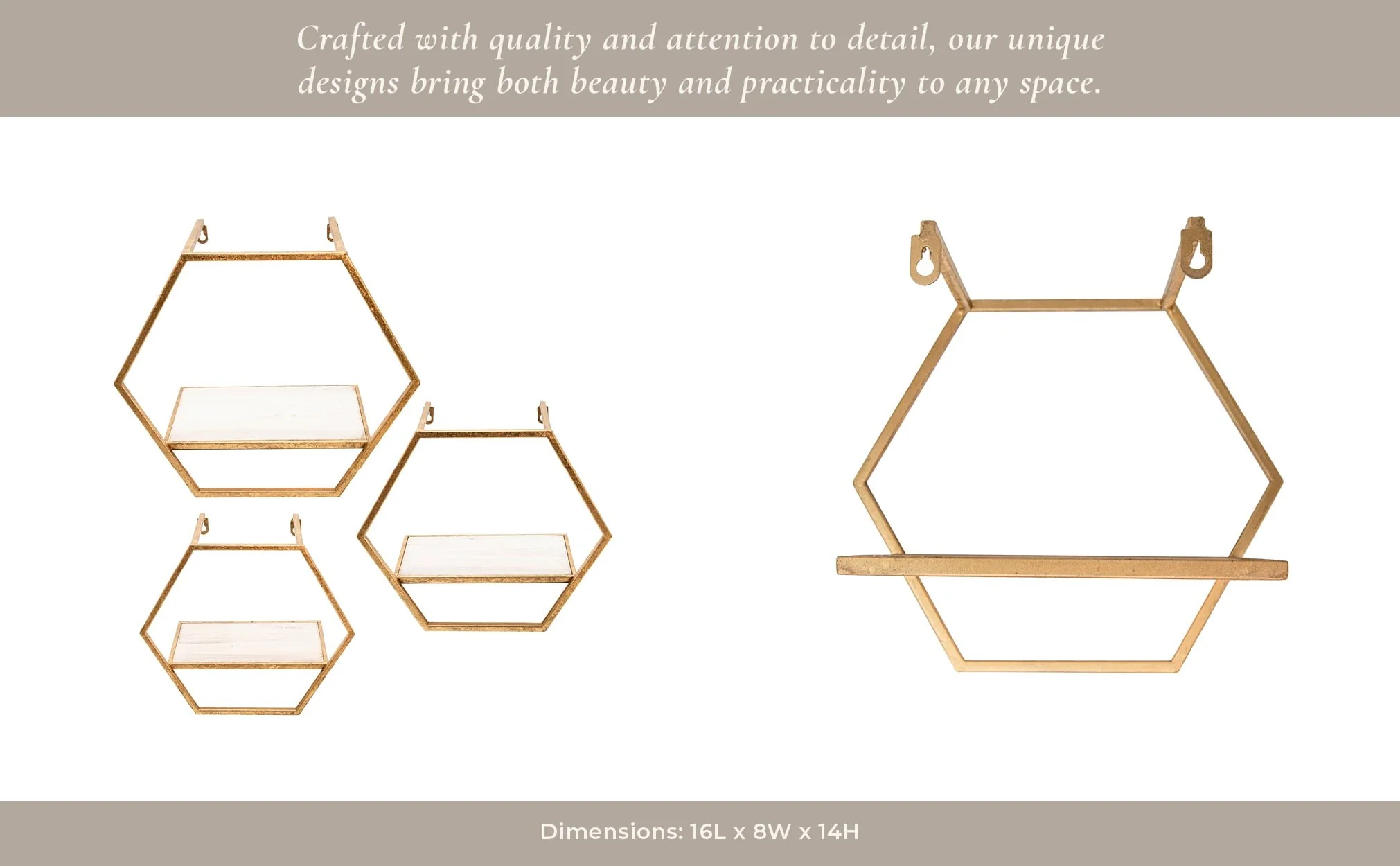 S/3 Metal/wood Hexagon Wall Shelves, Gold - Image 10