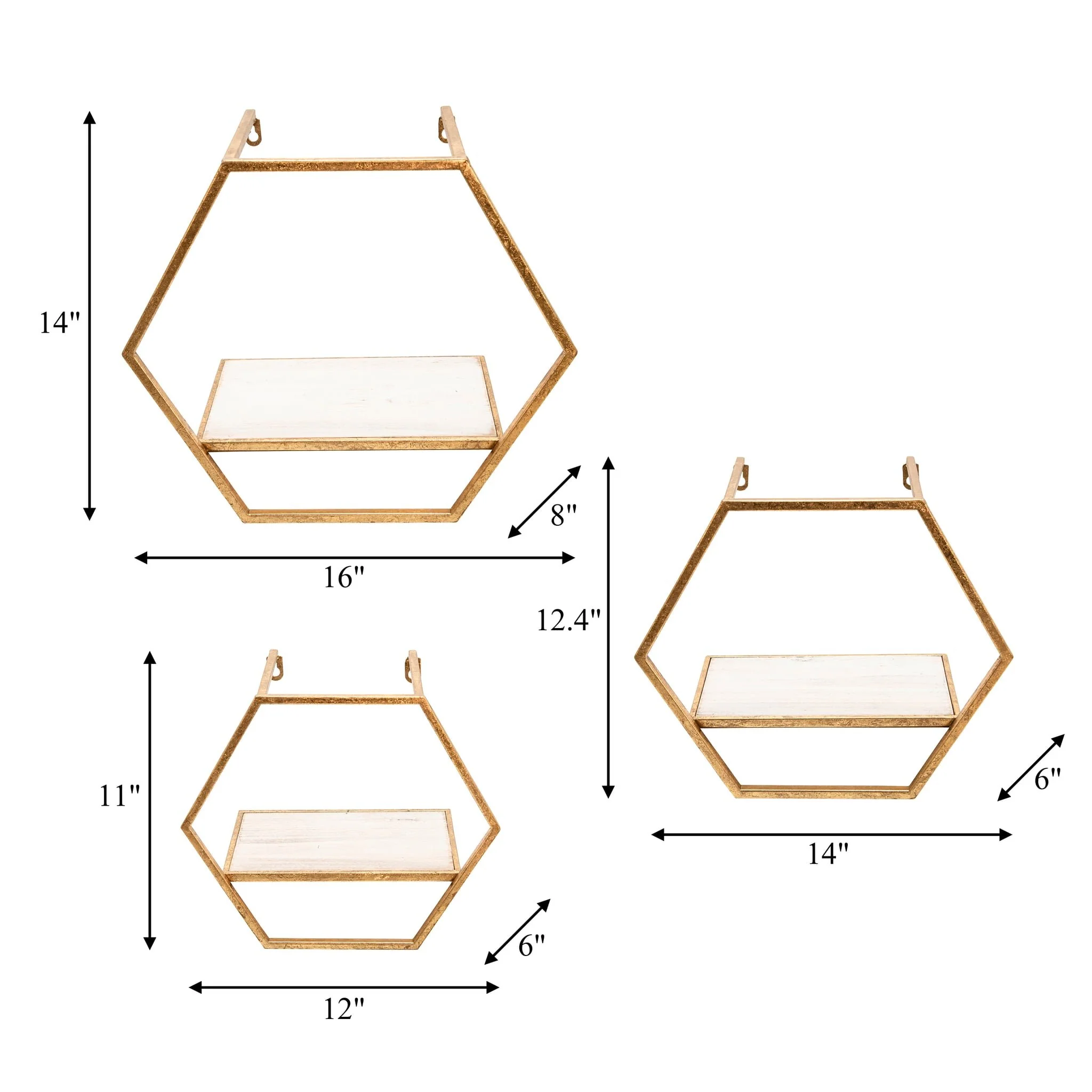 S/3 Metal/wood Hexagon Wall Shelves, Gold - Image 6