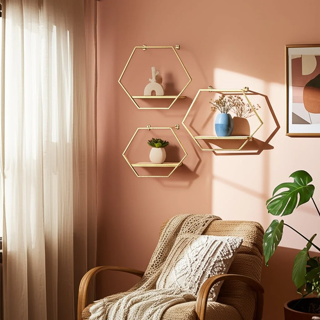 S/3 Metal/wood Hexagon Wall Shelves, Gold - Image 9