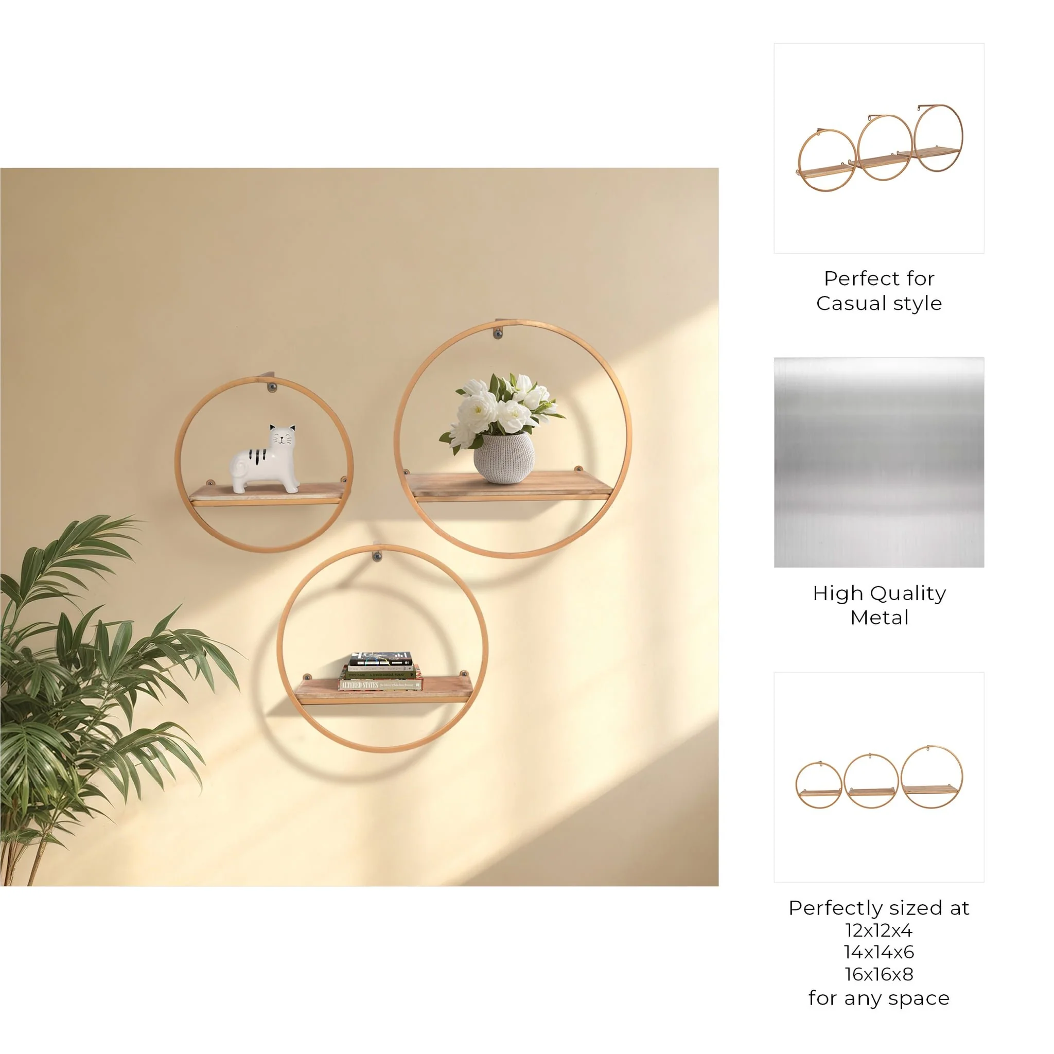 S/3 Metal & Wood Wall Shelves, Bronze - Image 8