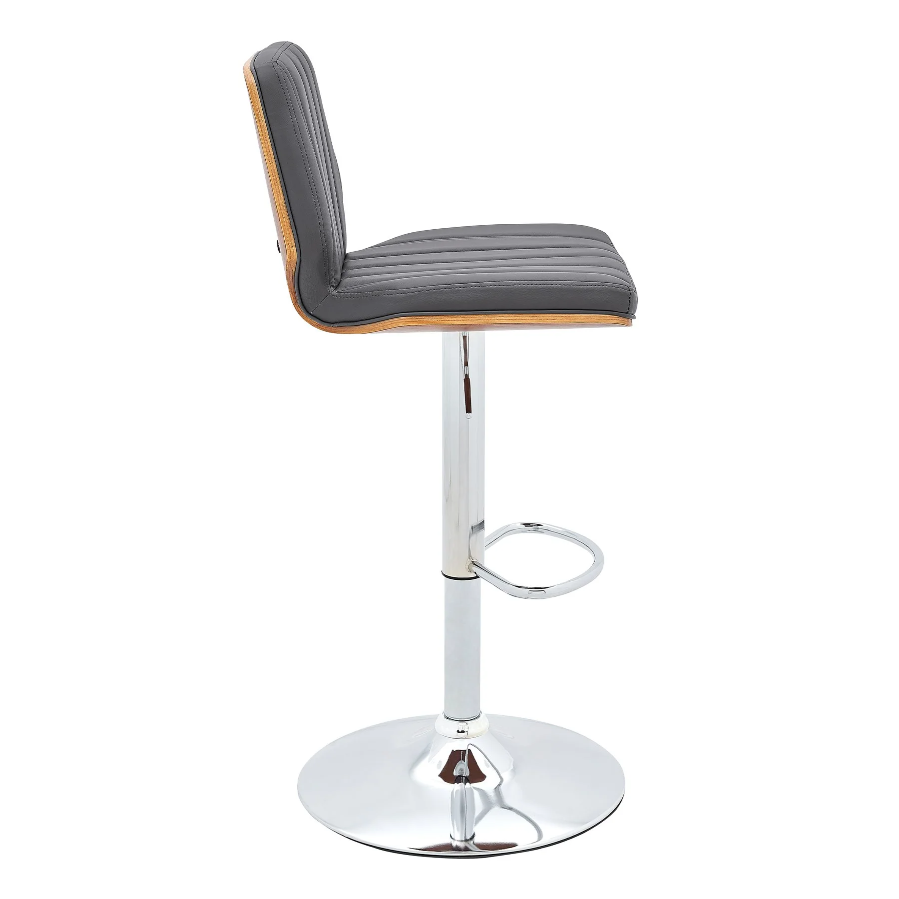 Sabine Adjustable Swivel Gray Faux Leather with Walnut Back and Chrome Bar Stool - Image 3