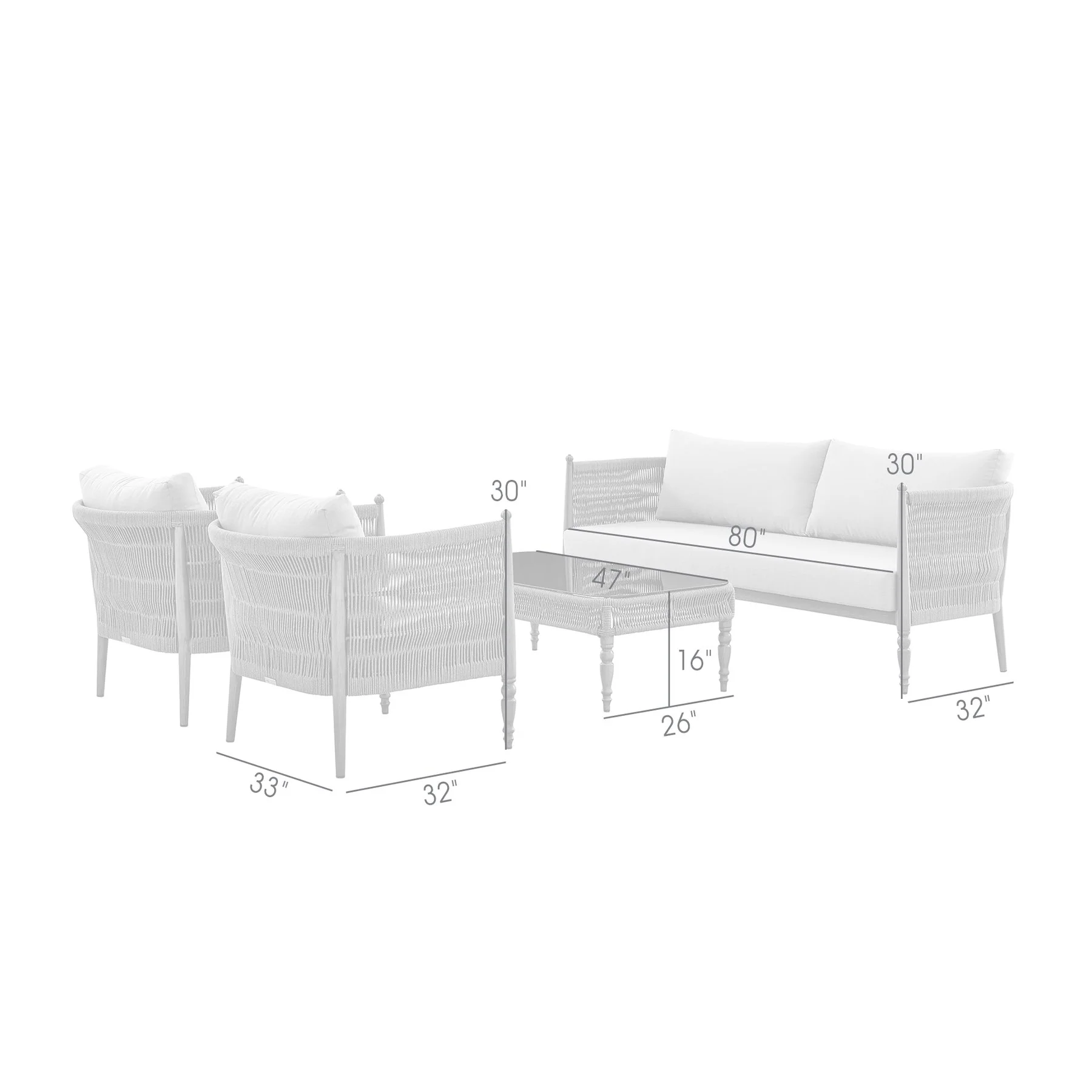 Safari 4 Piece Outdoor Aluminum and Rope Seating Set with Gray Cushions - Image 8
