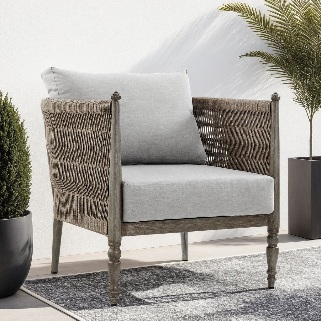 Safari Aluminum and Rope Outdoor Chair in Brown with Gray Cushions - Image 5