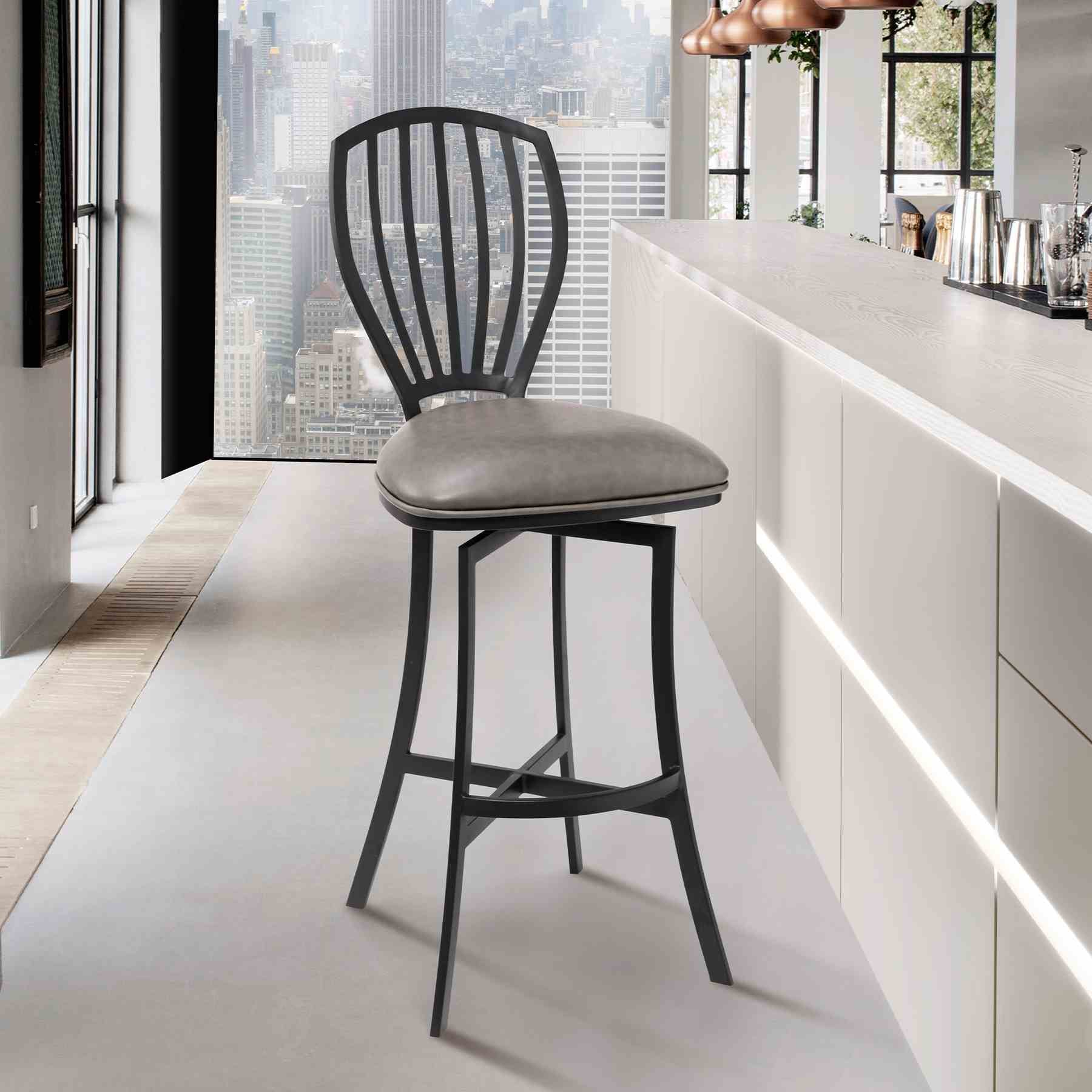 Sandy Contemporary 30" Bar Height Barstool in Matte Black Finish and Vintage Gray Faux Leather - Image 6