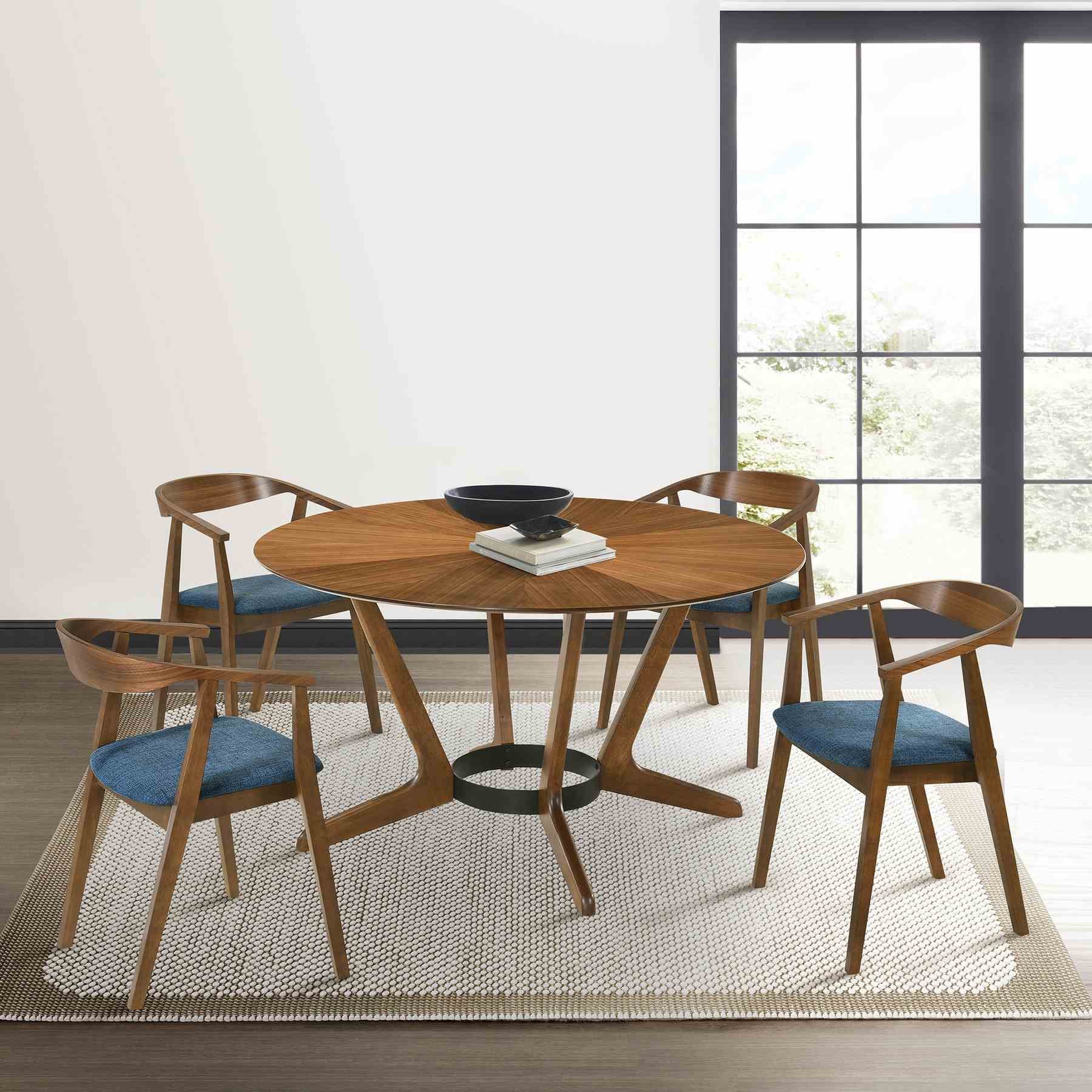 Santana 5 Piece Round Walnut Wood Dining Table Set with Blue Fabric - Image 11