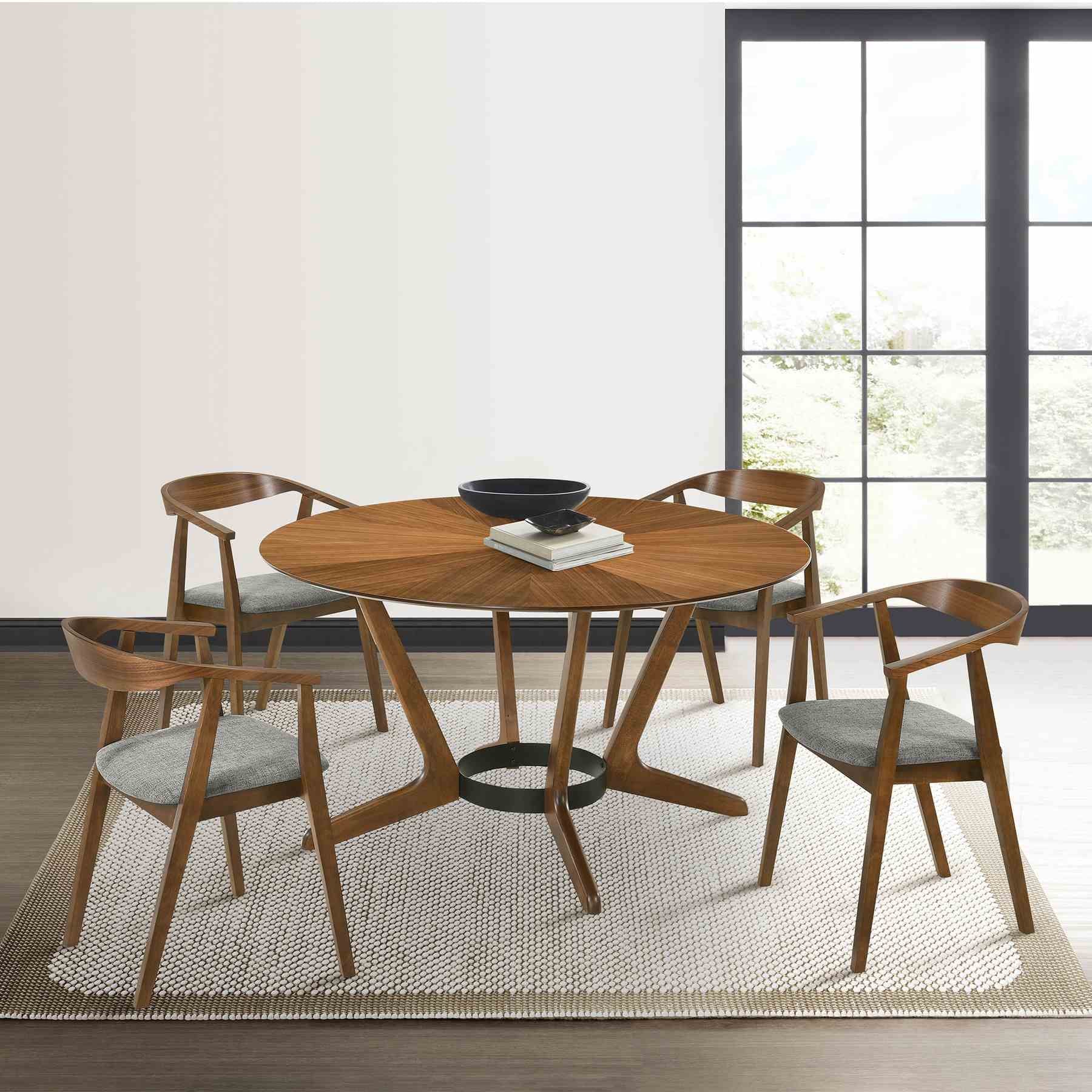 Santana 5 Piece Round Walnut Wood Dining Table Set with Charcoal Fabric - Image 11