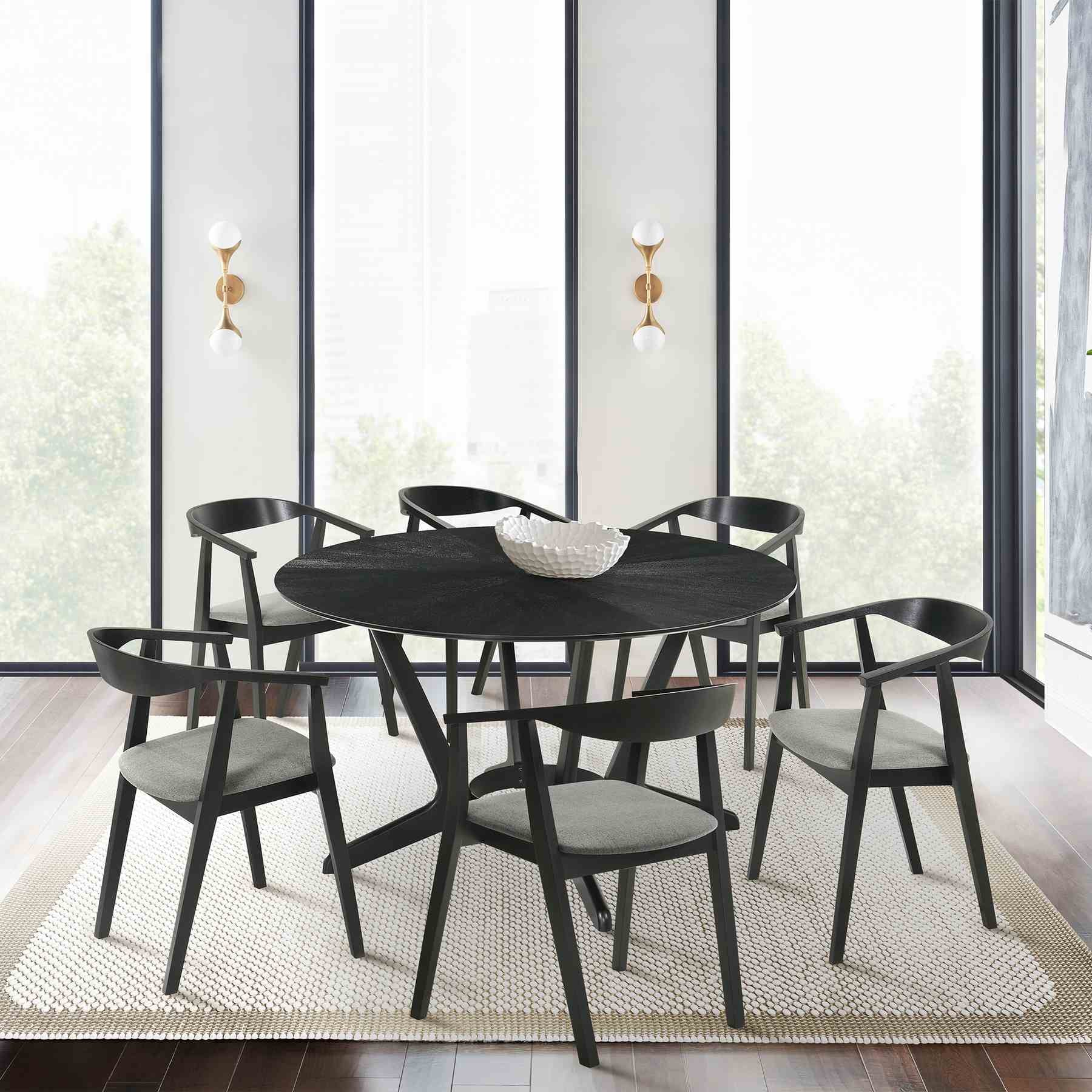 Santana 7 Piece Round Black Wood Dining Table Set with Charcoal Fabric - Image 11