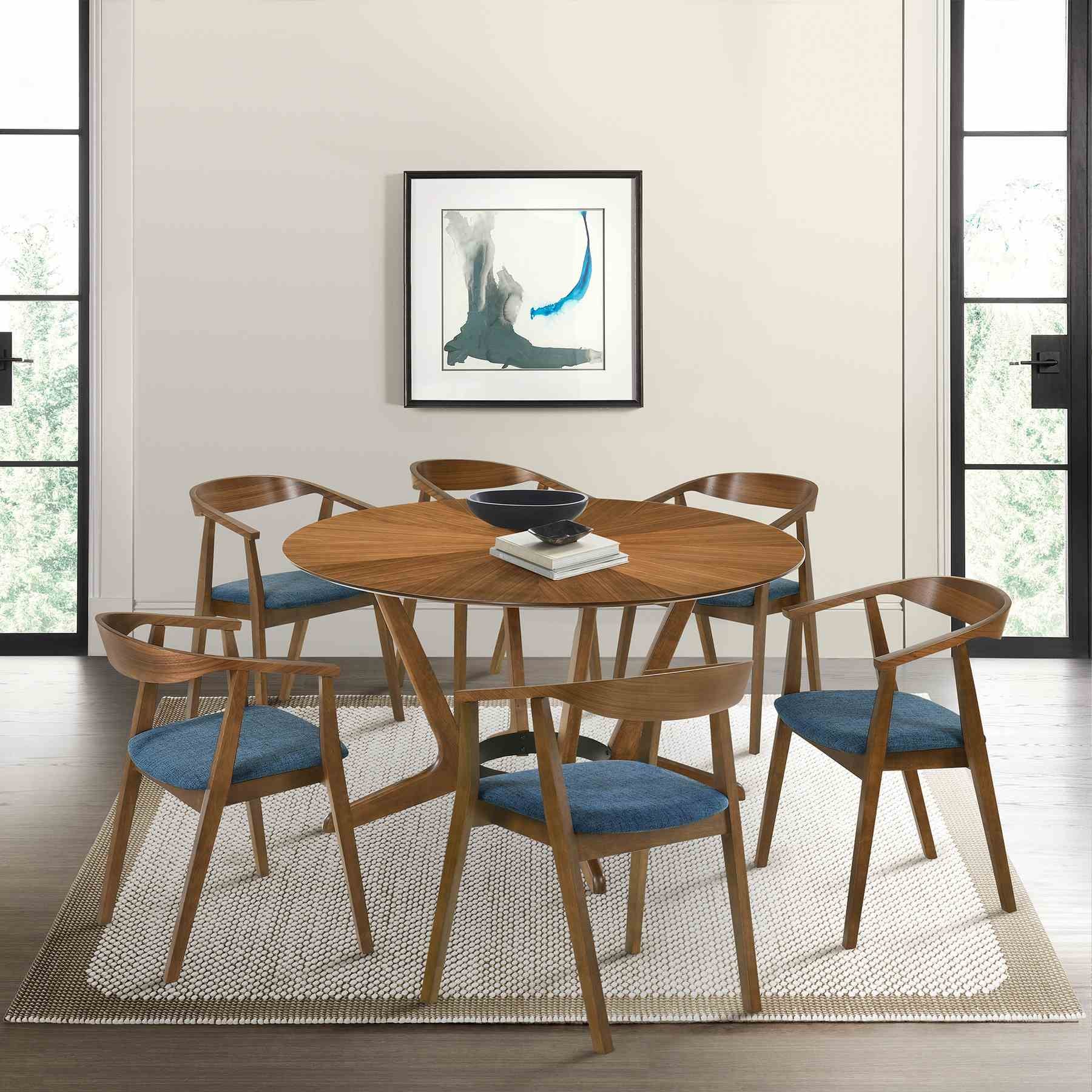 Santana 7 Piece Round Walnut Wood Dining Table Set with Blue Fabric - Image 11