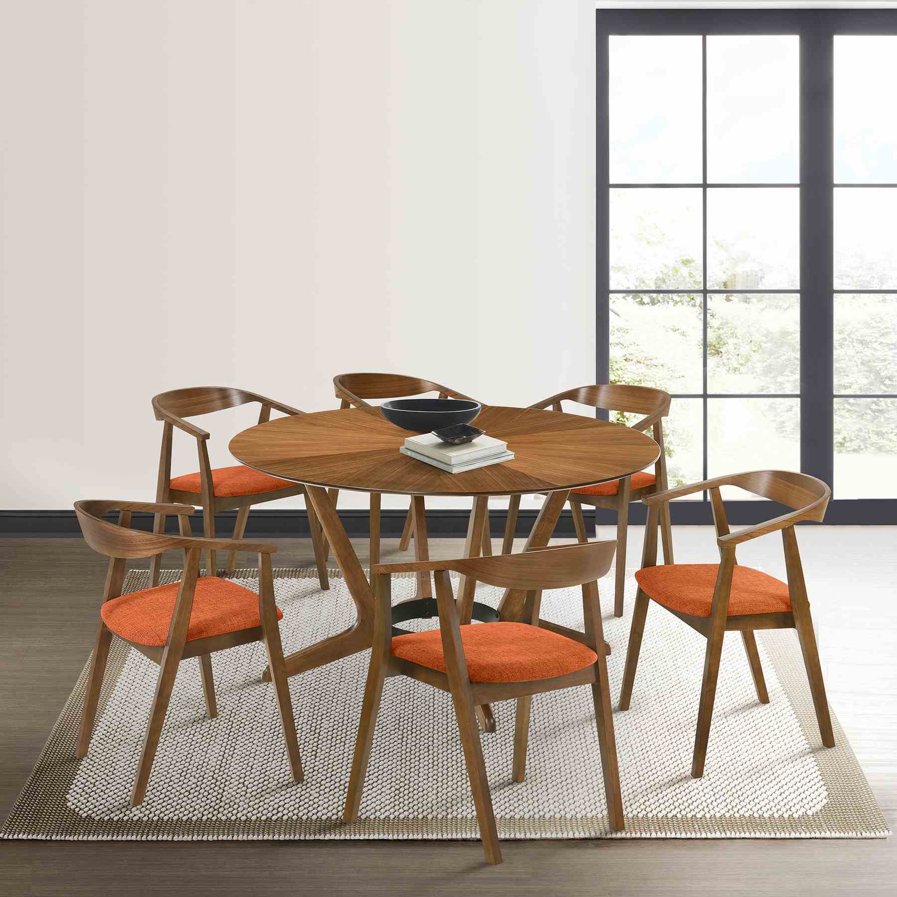Santana 7 Piece Round Walnut Wood Dining Table Set with Orange Fabric - Image 11
