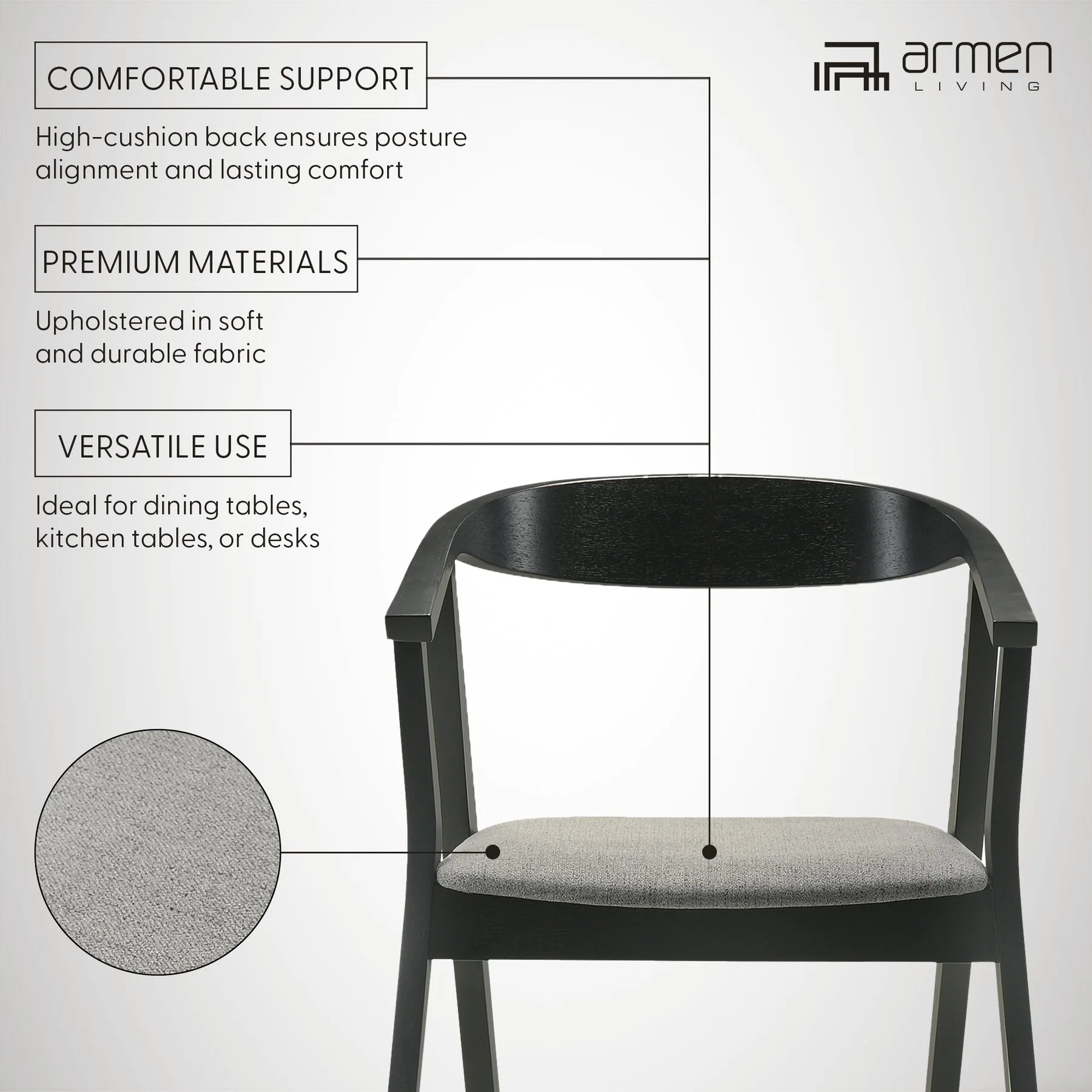 Santana Wood Dining Chair in Black Finish with Charcoal Fabric - Set of 2 - Image 10