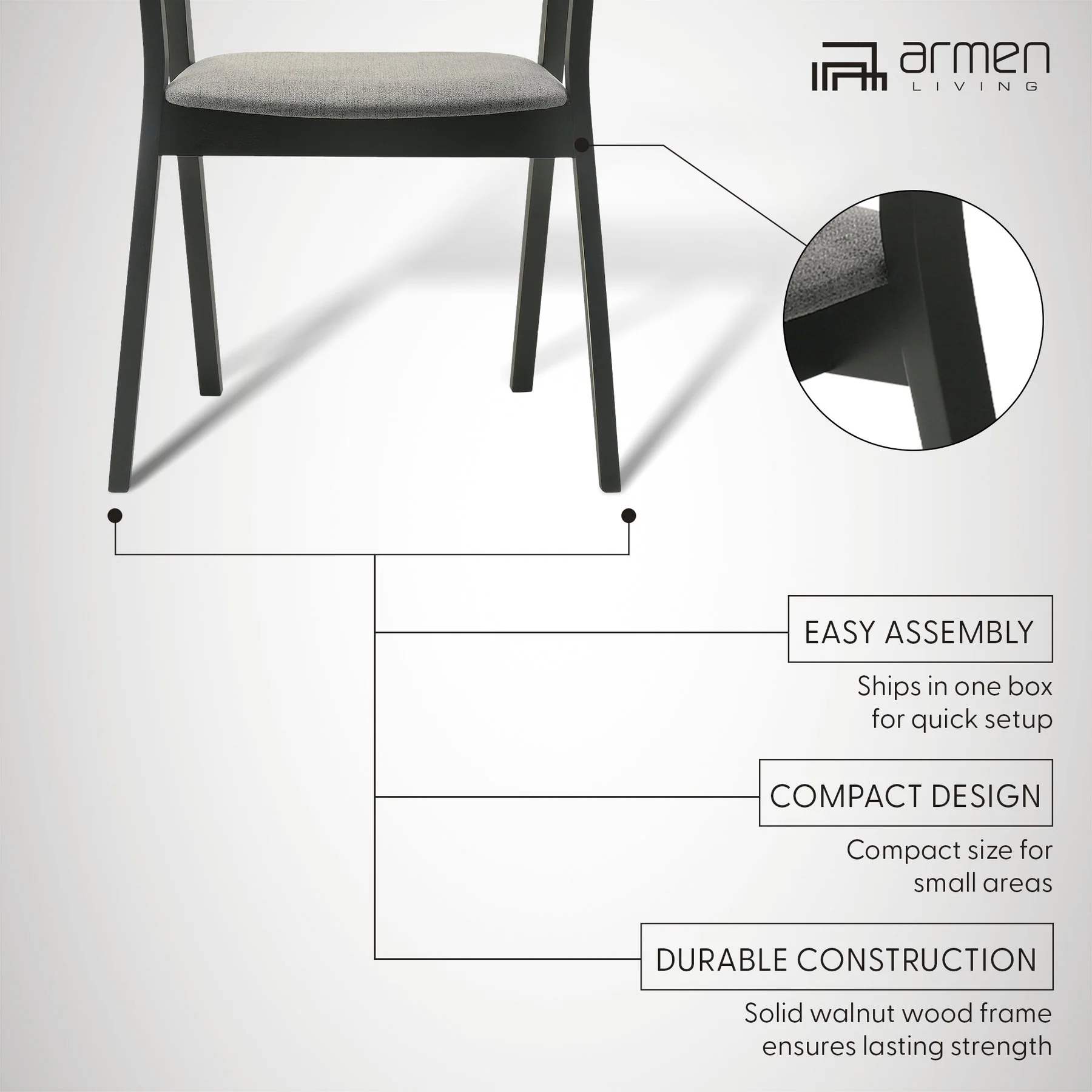 Santana Wood Dining Chair in Black Finish with Charcoal Fabric - Set of 2 - Image 11
