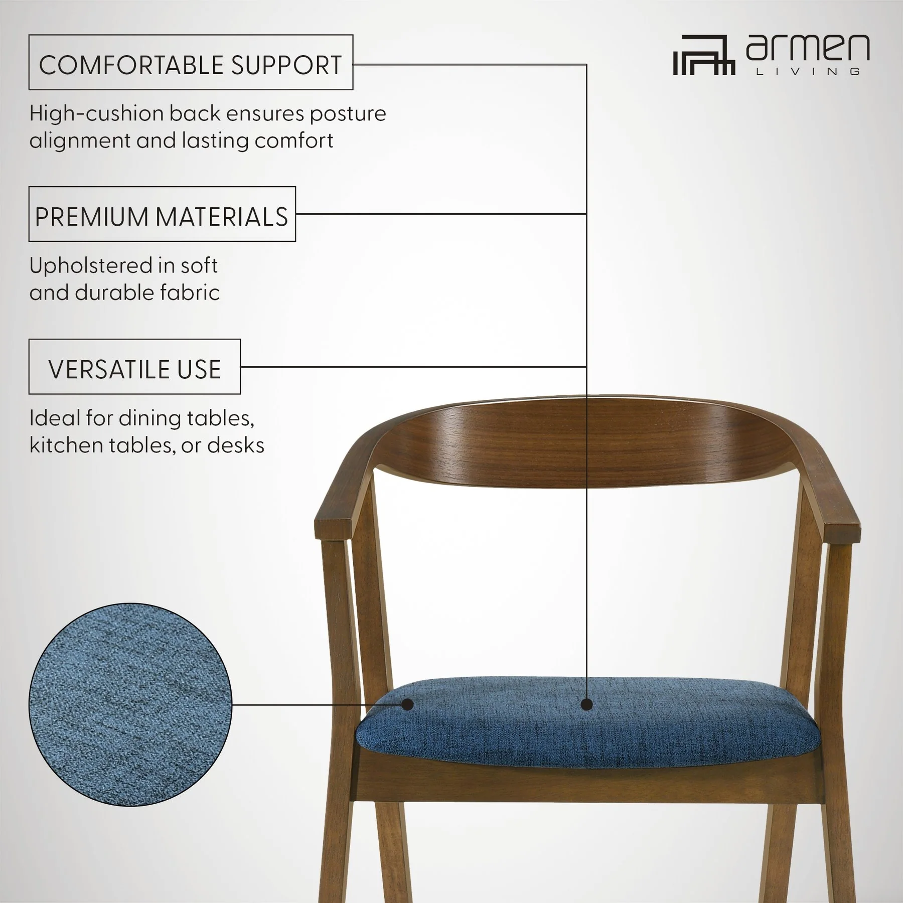 Santana Wood Dining Chair in Walnut Finish with Blue Fabric - Set of 2 - Image 10