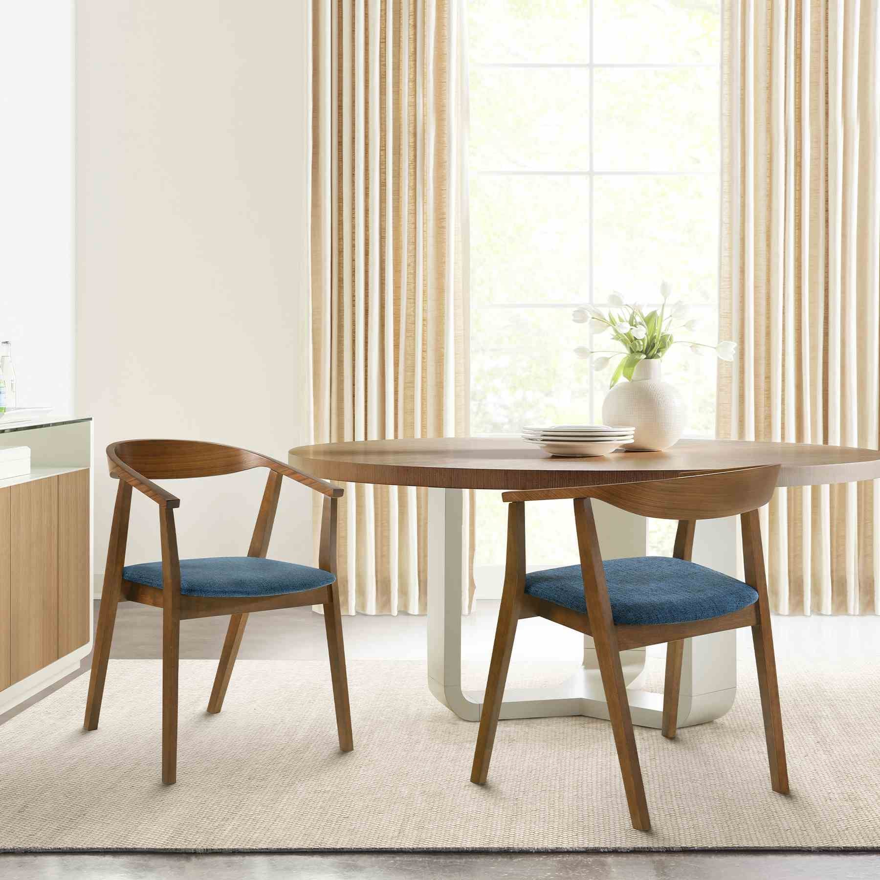 Santana Wood Dining Chair in Walnut Finish with Blue Fabric - Set of 2 - Image 8