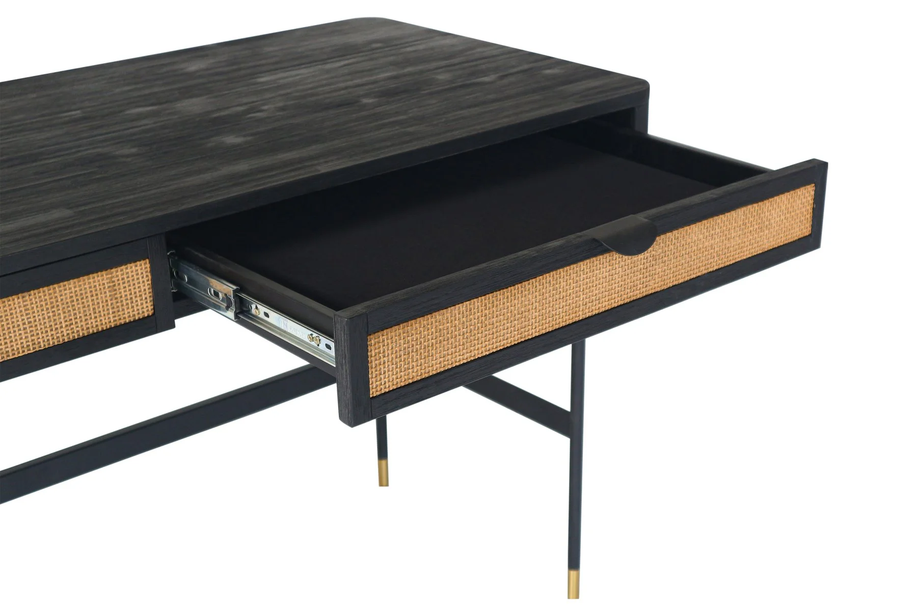 Saratoga 2 Drawer Desk in Black Acacia with Rattan - Image 4