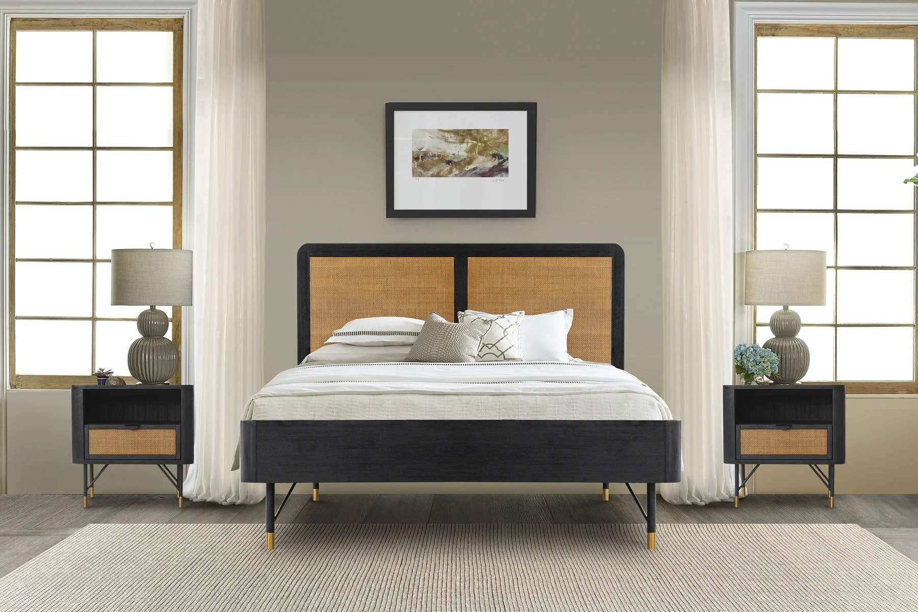 Saratoga 3 Piece Queen Bedroom Set in Black Acacia Wood and Rattan - Image 9