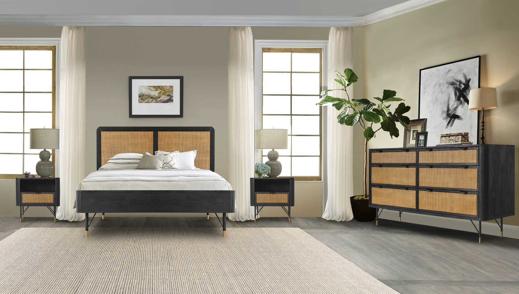 Saratoga 4 Piece Queen Bedroom Set in Black Acacia Wood and Rattan - Image 11