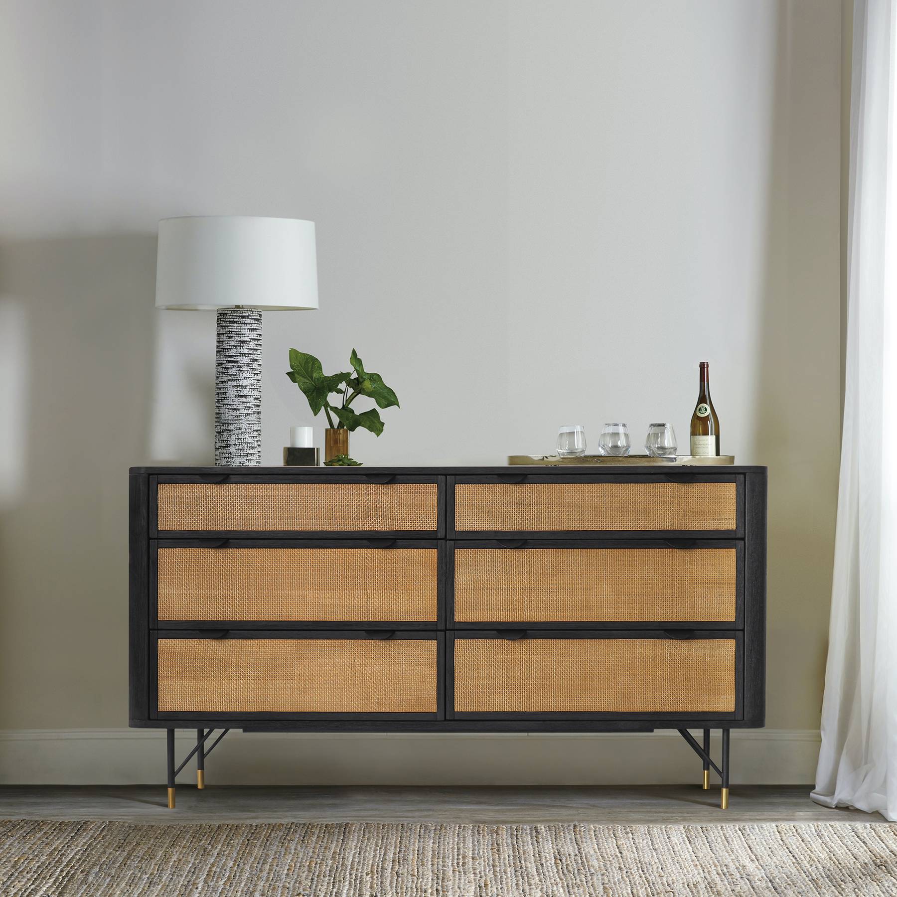 Saratoga 6 Drawer Dresser in Black Acacia with Rattan - Image 7