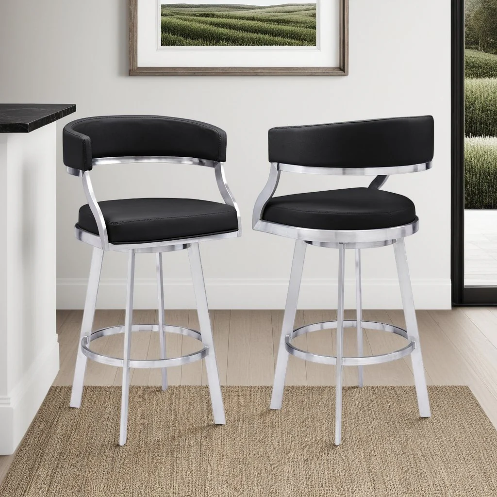 Saturn 26" Counter Height Swivel Black Faux Leather and Brushed Stainless Steel Bar Stool - Image 9