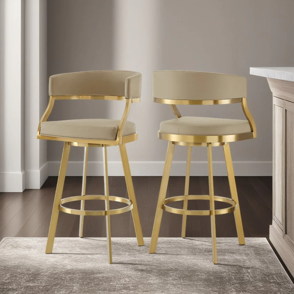Saturn 26" Swivel Counter Stool with Gold Brushed Stainless Steel and Light Sand Faux Leather - Image 10