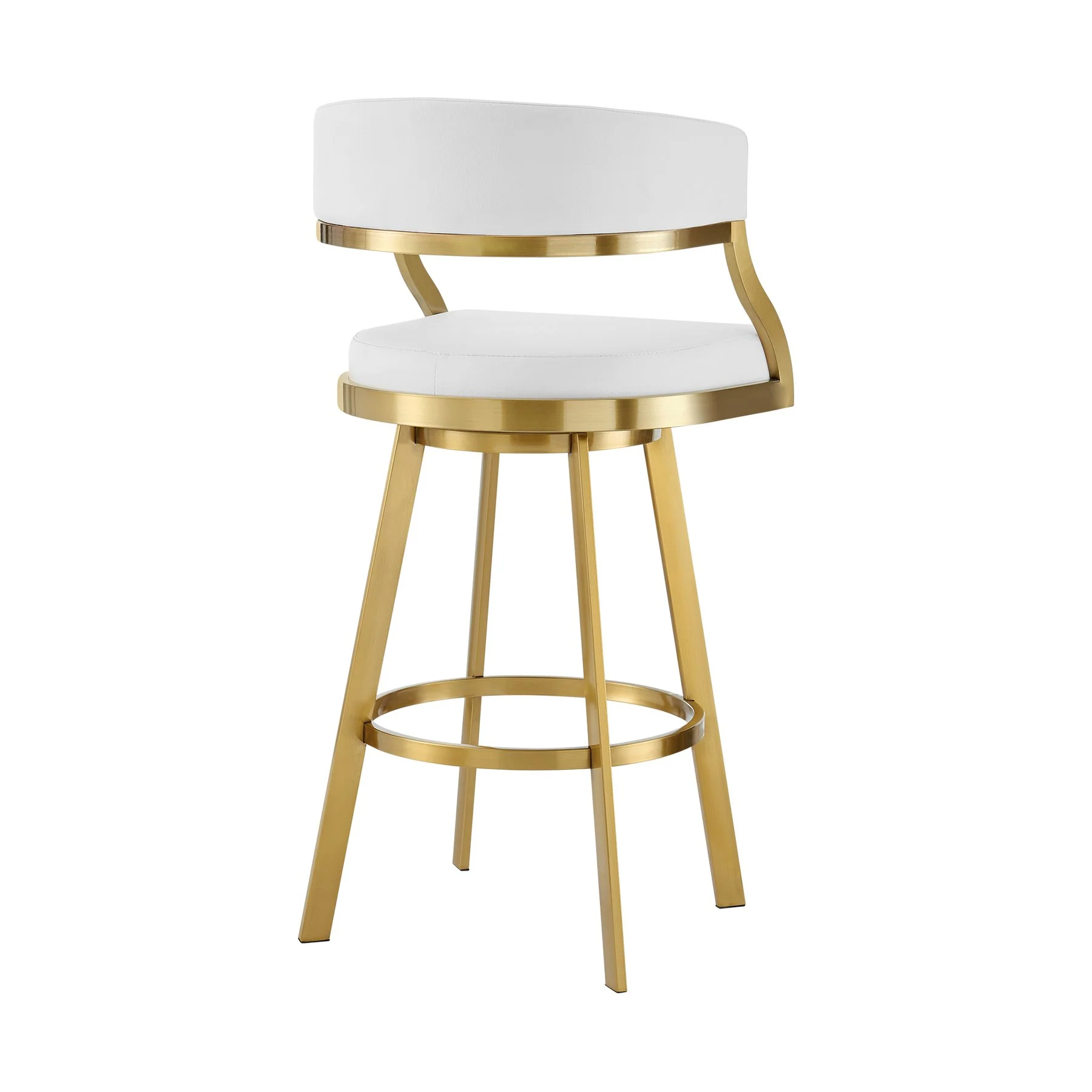 Saturn 26" Swivel Counter Stool with Gold Brushed Stainless Steel and White Faux Leather - Image 3