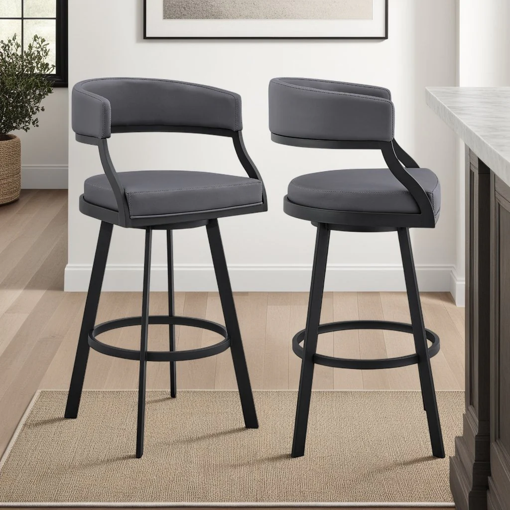 Saturn 30" Bar Height Swivel Gray Faux Leather and Black Metal Bar Stool - Image 12