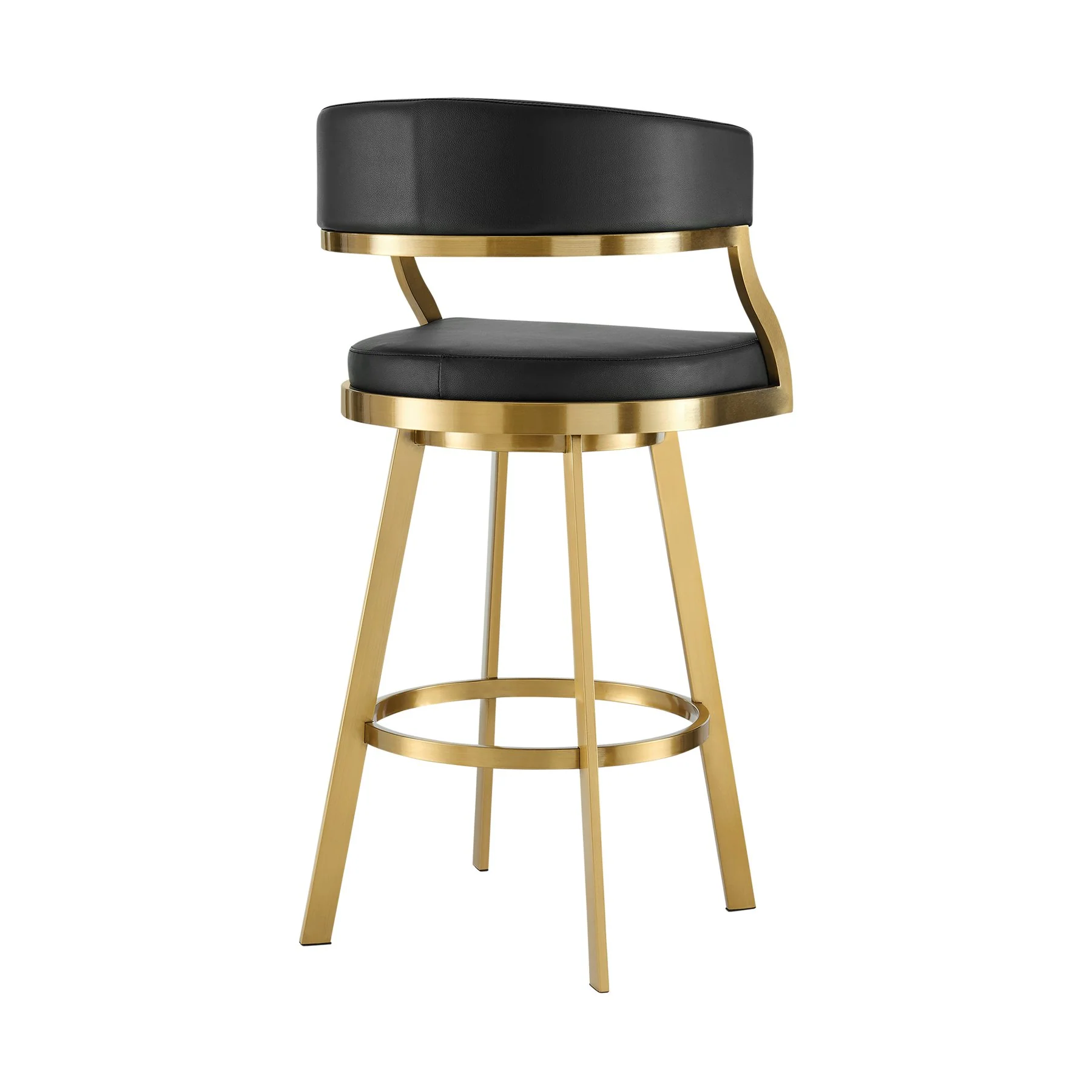 Saturn 30" Swivel Bar Stool with Gold Brushed Stainless Steel and Black Faux Leather - Image 3