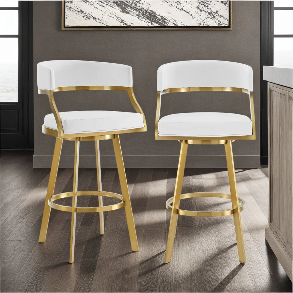 Saturn 30" Swivel Bar Stool with Gold Brushed Stainless Steel and White Faux Leather - Image 10
