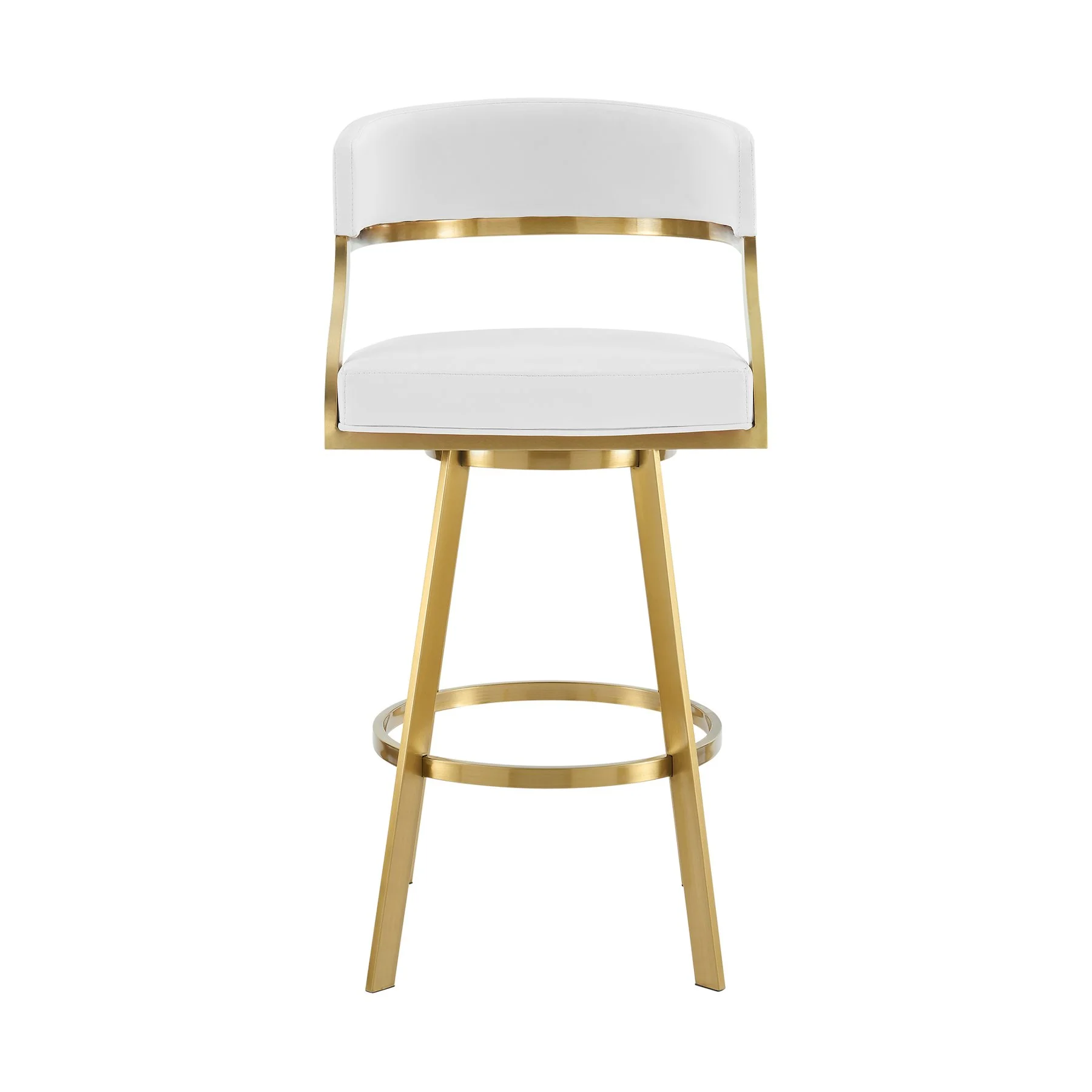 Saturn 30" Swivel Bar Stool with Gold Brushed Stainless Steel and White Faux Leather - Image 2