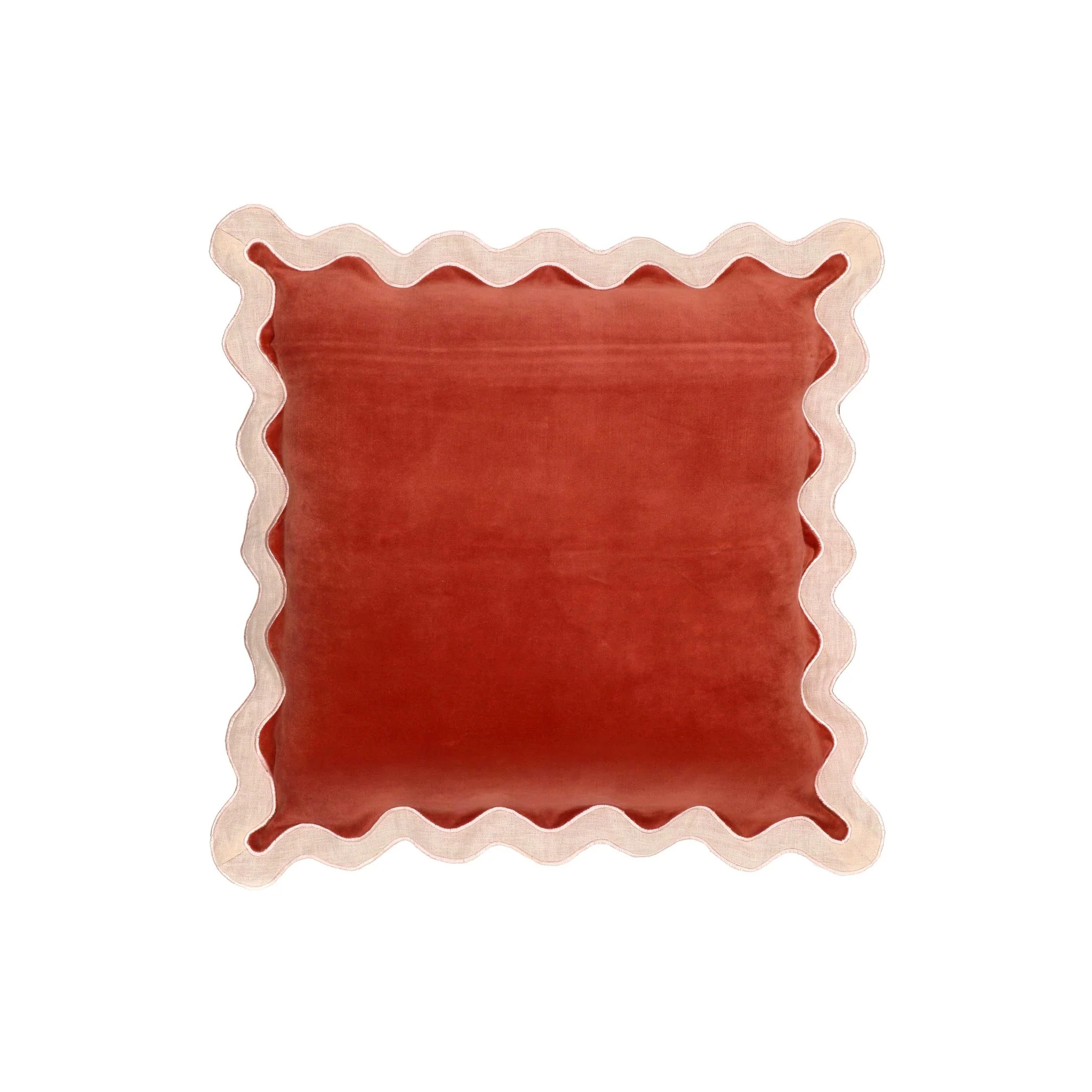 Scalloped Edge Cream and Rust Cotton Velvet Throw Pillow - Image 6