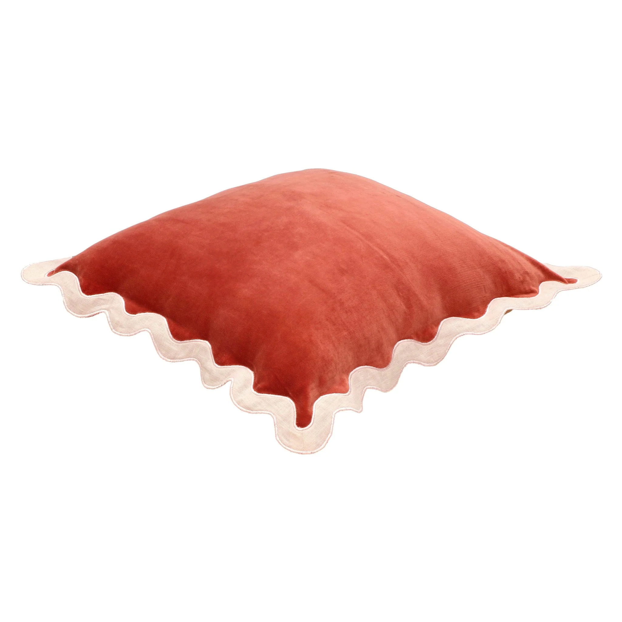 Scalloped Edge Cream and Rust Cotton Velvet Throw Pillow - Image 3