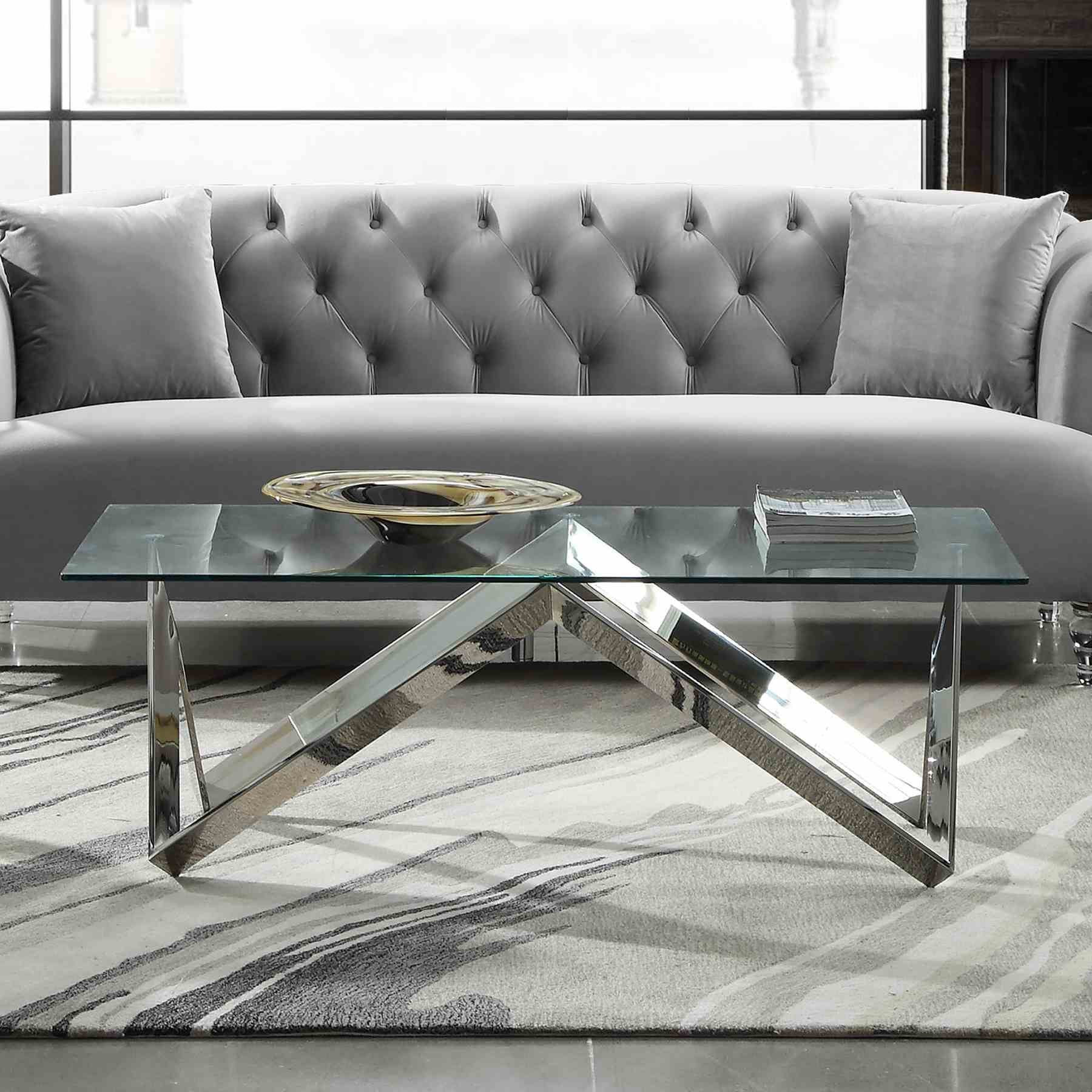Scarlett Contemporary Rectangular Coffee Table in Polished Steel Finish with Tempered Glass Top - Image 2