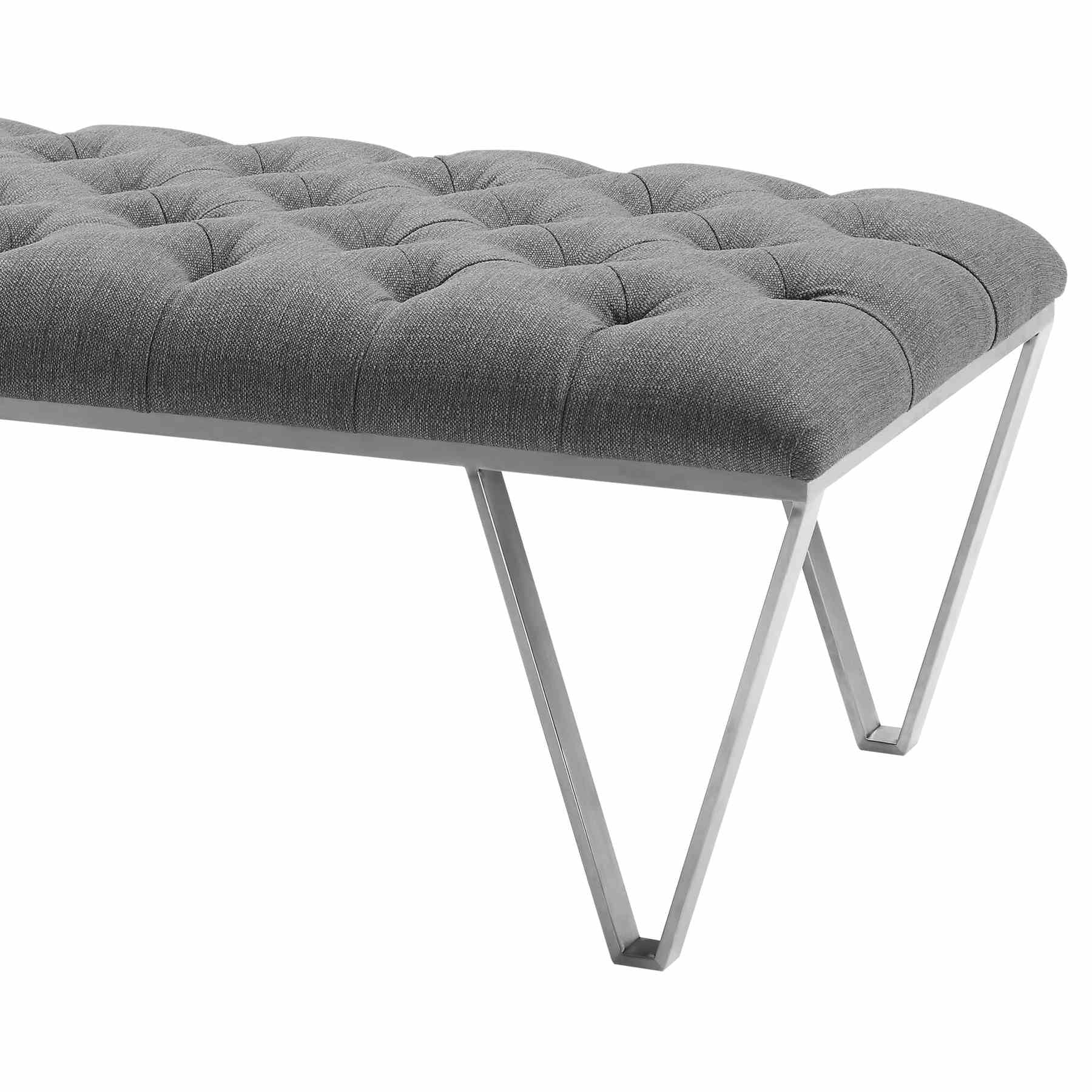 Serene Contemporary Bench in Brushed Stainless Steel with Gray Fabric - Image 2