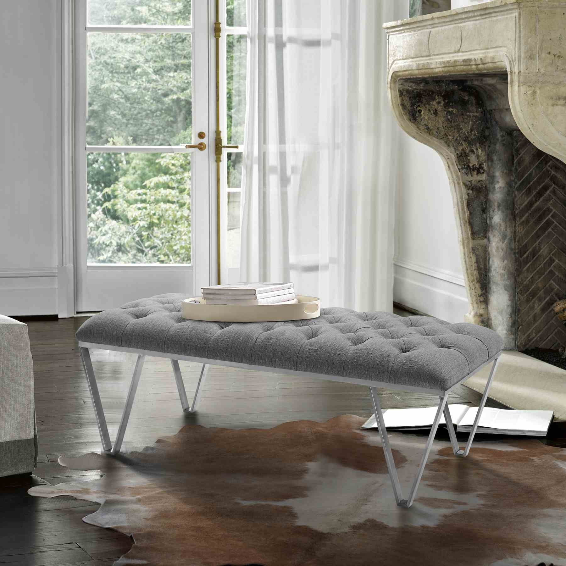 Serene Contemporary Bench in Brushed Stainless Steel with Gray Fabric - Image 3