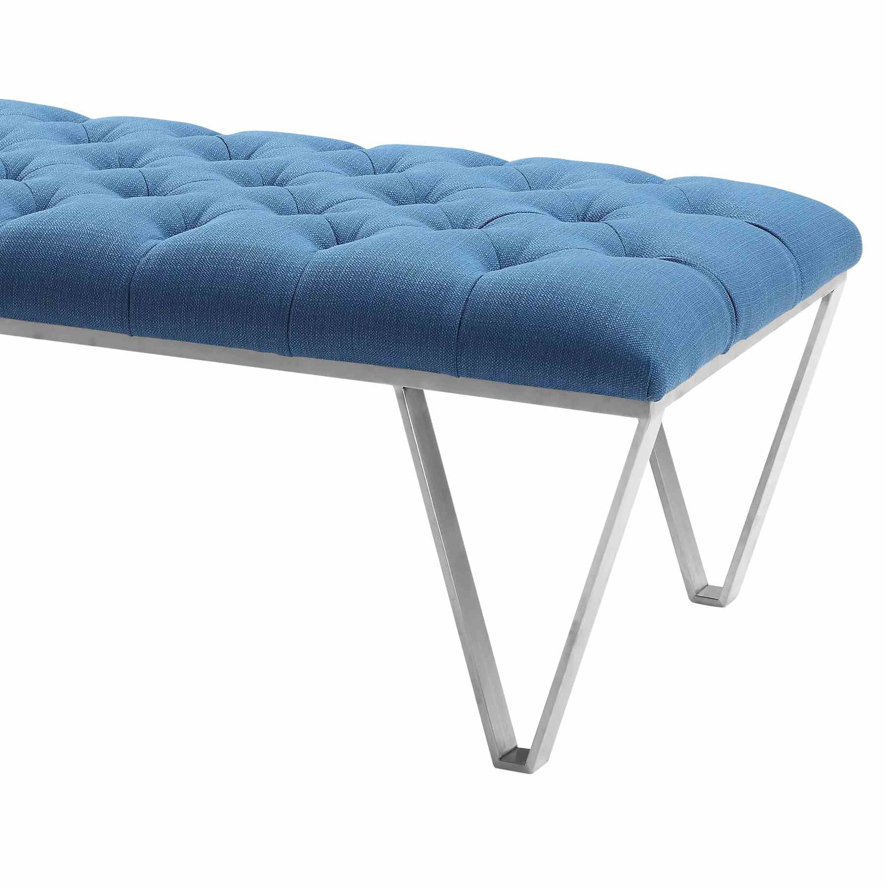 Serene Contemporary Tufted Bench in Brushed Stainless Steel with Blue Fabric - Image 2