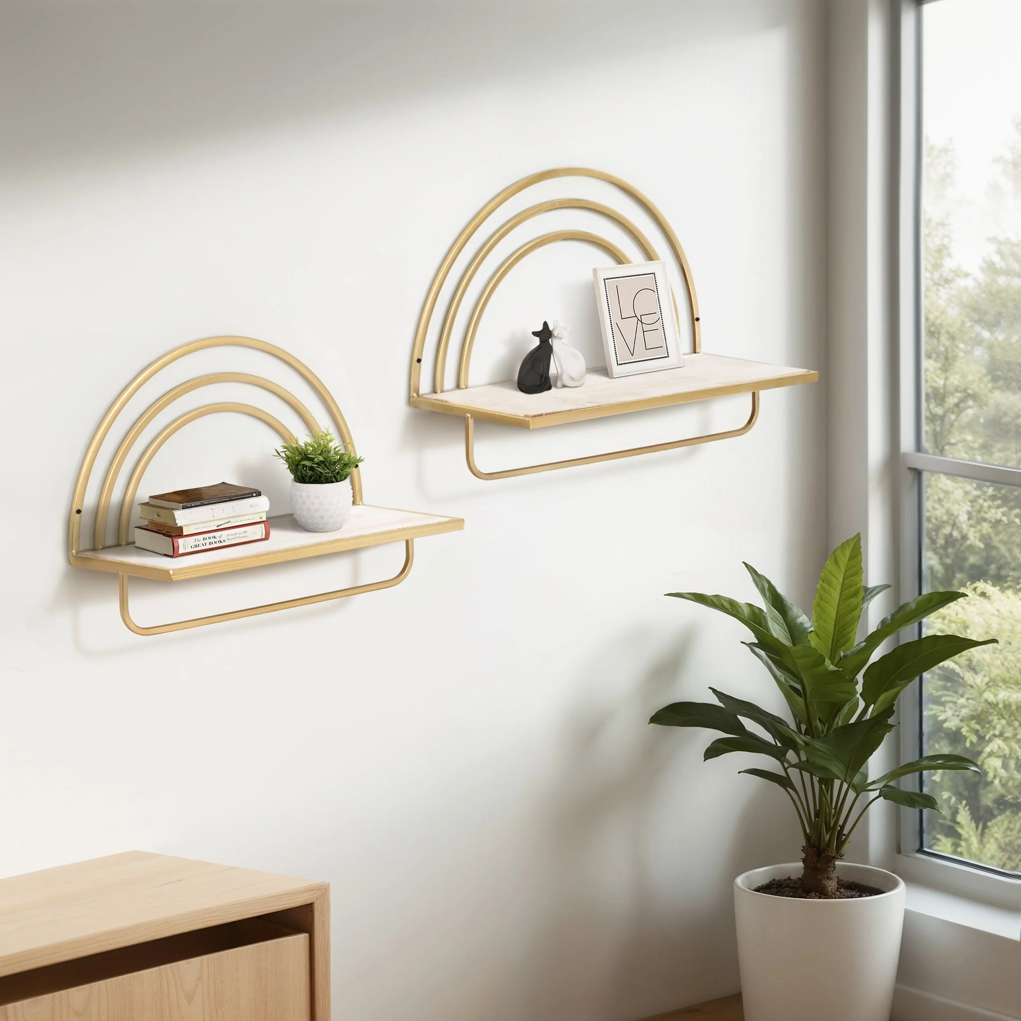 Set/2 Wood/metal Rainbow Style Sheves, Wht/gld - Image 7