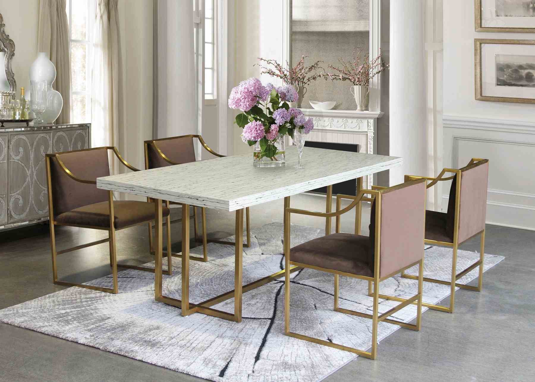 Seville Contemporary Dining Chair in Brushed Gold Finish and Brown Fabric - Image 7